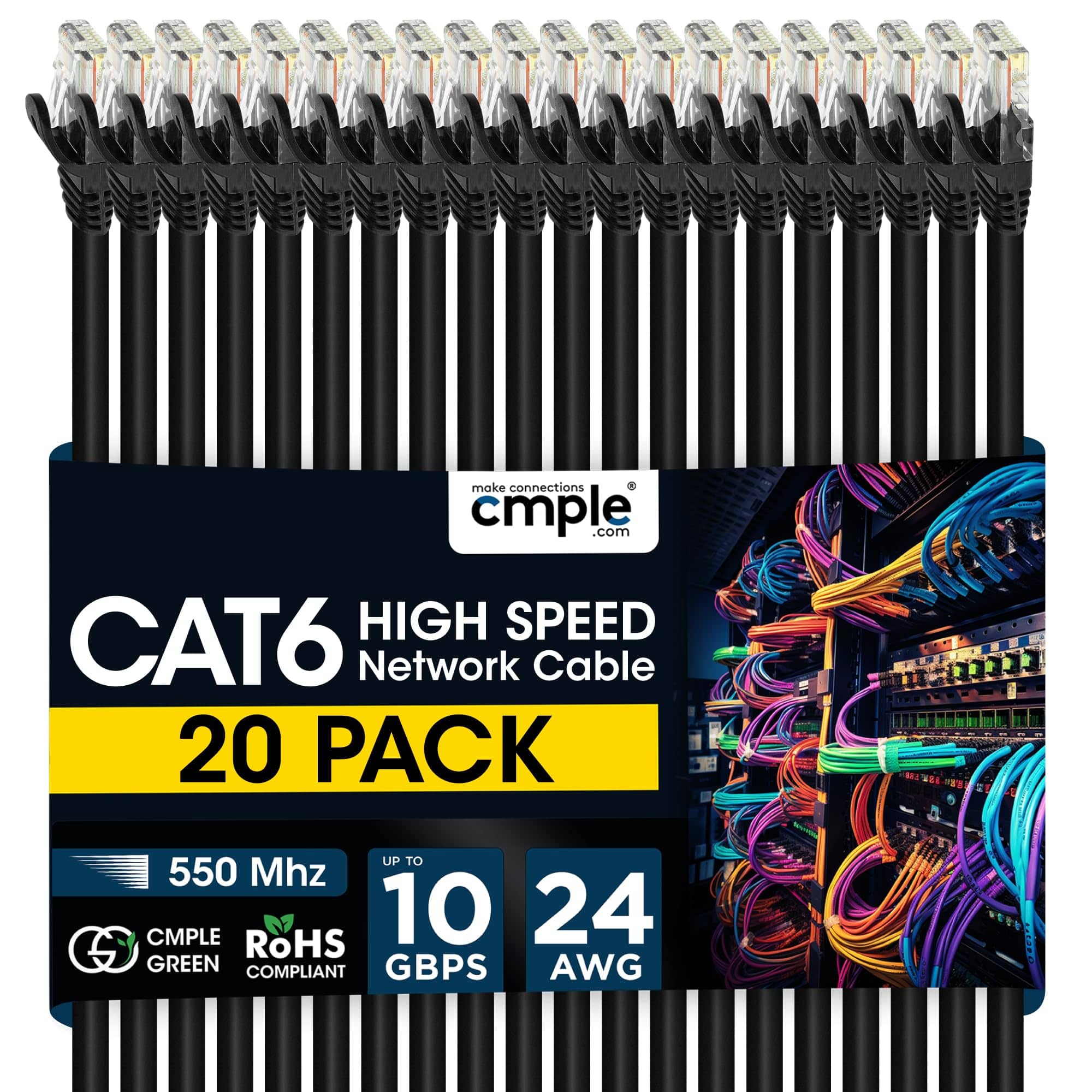 Cmple.com - Cmple - 20 Pack Cat6 Ethernet Cable 1.5 ft Cat 6 Network Cables, RJ45, 10Gbps LAN Patch Cord 550Mhz Cat 6 Wire - Black