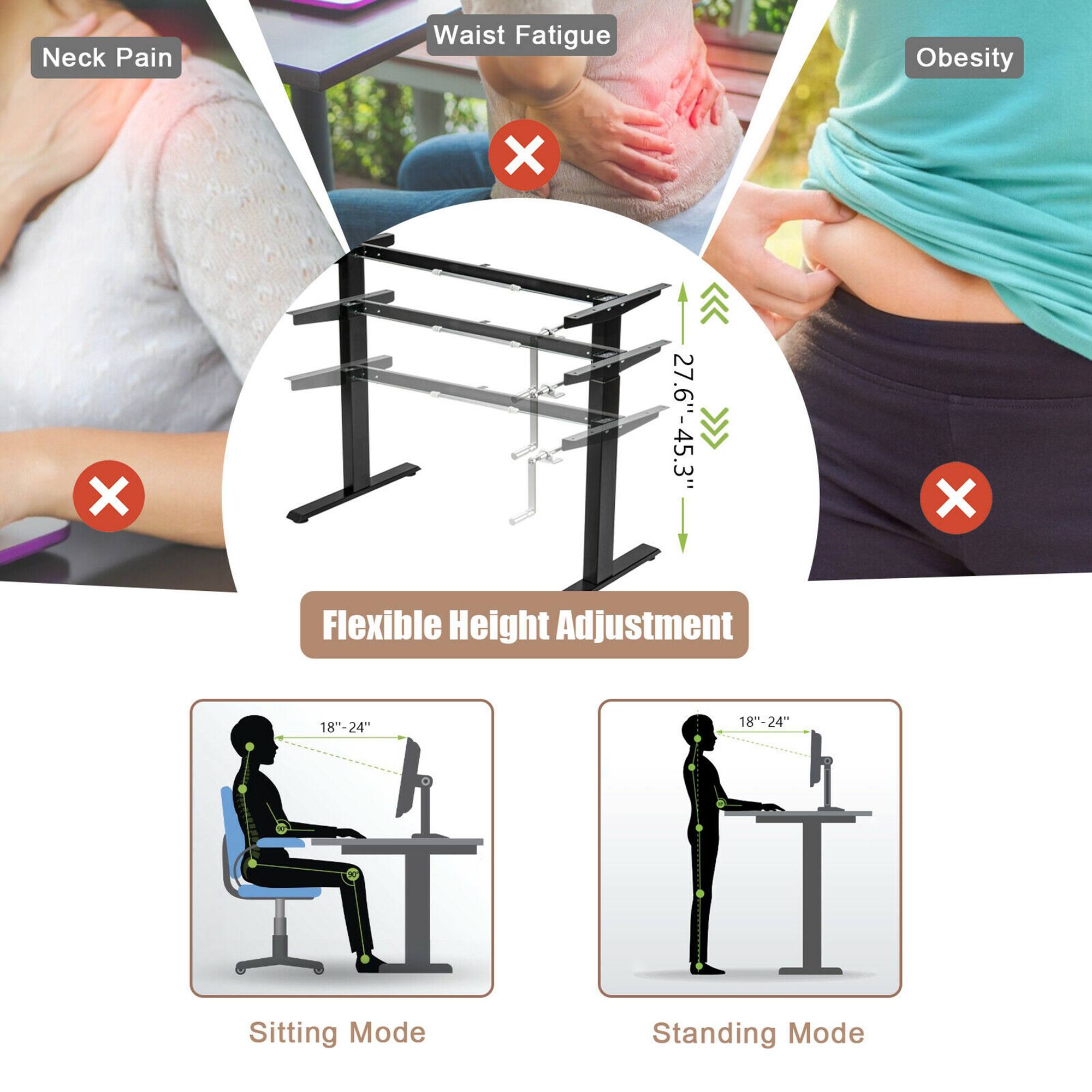 Neck Pain  
Waist Fatigue  
Obesity  

Flexible Height Adjustment  
27.6"-45.3"  

Sitting Mode  
18"-24"  

Standing Mode  
18"-24"