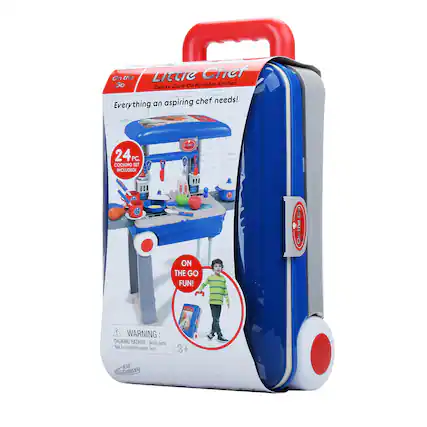 The Little Chef Go On Portable Kitchen Deluxe Cny is a 24-piece cooking set that includes everything an aspiring chef needs. It is designed for children aged 3+ and comes with a warning that small parts may pose a choking hazard for children under 3 years old. The set is portable and can be taken on the go for fun and entertainment.