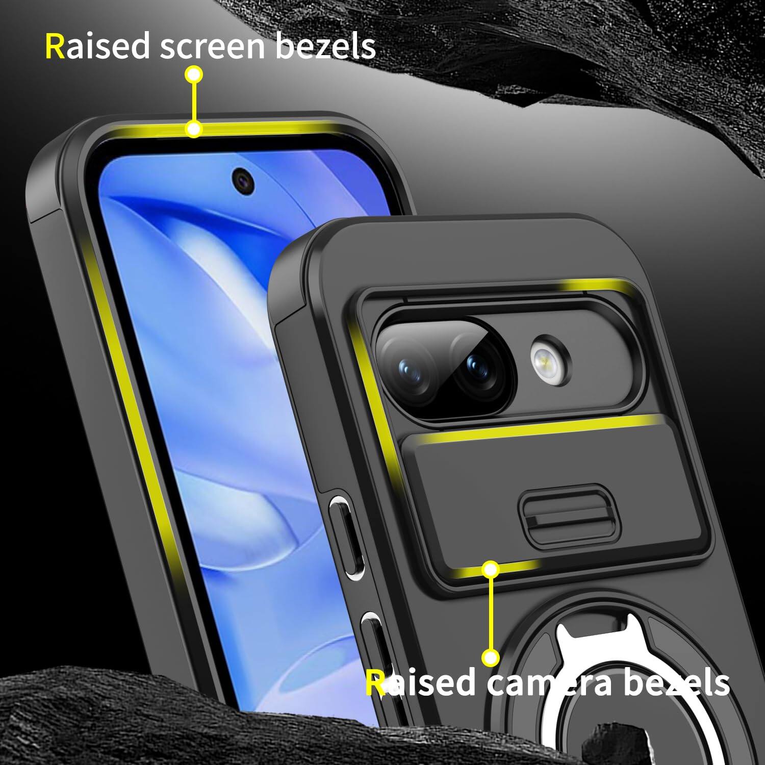 Raised screen bezels  
Raised camera bezels