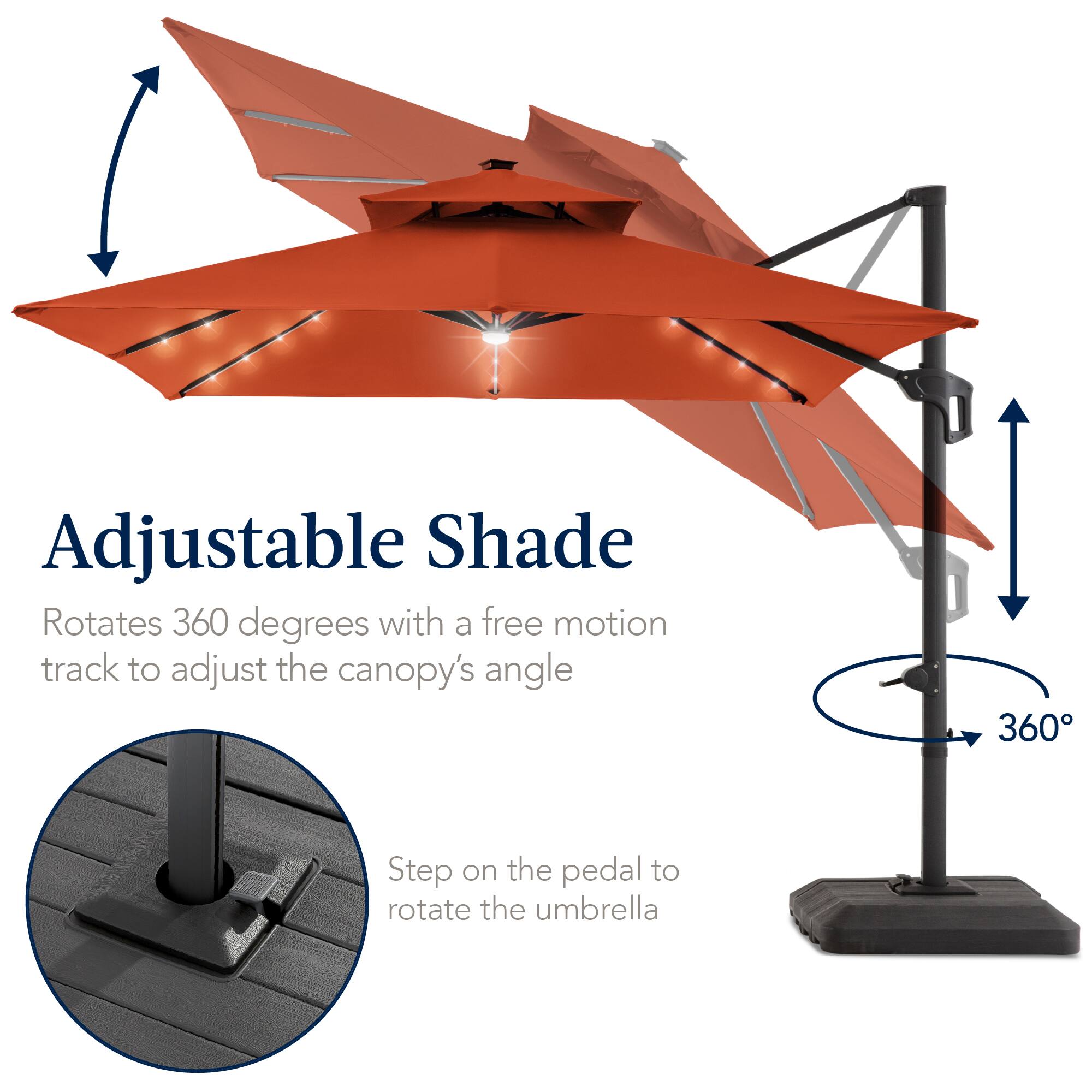 Adjustable Shade  
Rotates 360 degrees with a free motion track to adjust the canopy's angle  

Step on the pedal to rotate the umbrella
