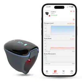 LOOKEE - LOOKEE® O2Ring Continuous Ring Oximeter | Overnight Track Oxygen Level & Heart Rate with Vibration Alert on Finger - Blue, Grey
