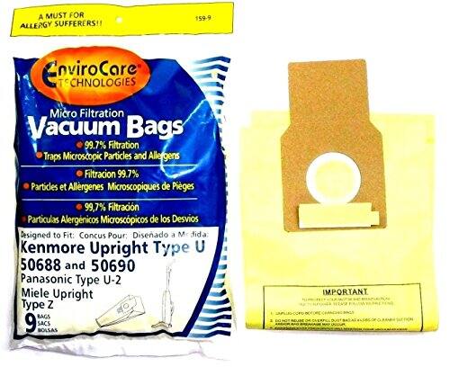 A MUST FOR ALLERGY SUFFERERS!!  
159-9 EnviroCare Technologies Micro Filtration Vacuum Bags  
99.7% Filtration Traps Microscopic Particles and Allergens  
Filtración 99.7% Partículas et Allergenes Microscopiques de Piges  
99,7% Filtración Partículas Alergénicos Microscópicos de los Desvios  
Designed to Fit: Conçu Pour: Diseñado a Medida:  
Kenmore Upright Type U 50688 and 50690  
Panasonic Type U-2  
Miele Upright Type Z  
BAGS 9 SACS BOLSAS  

IMPORTANT