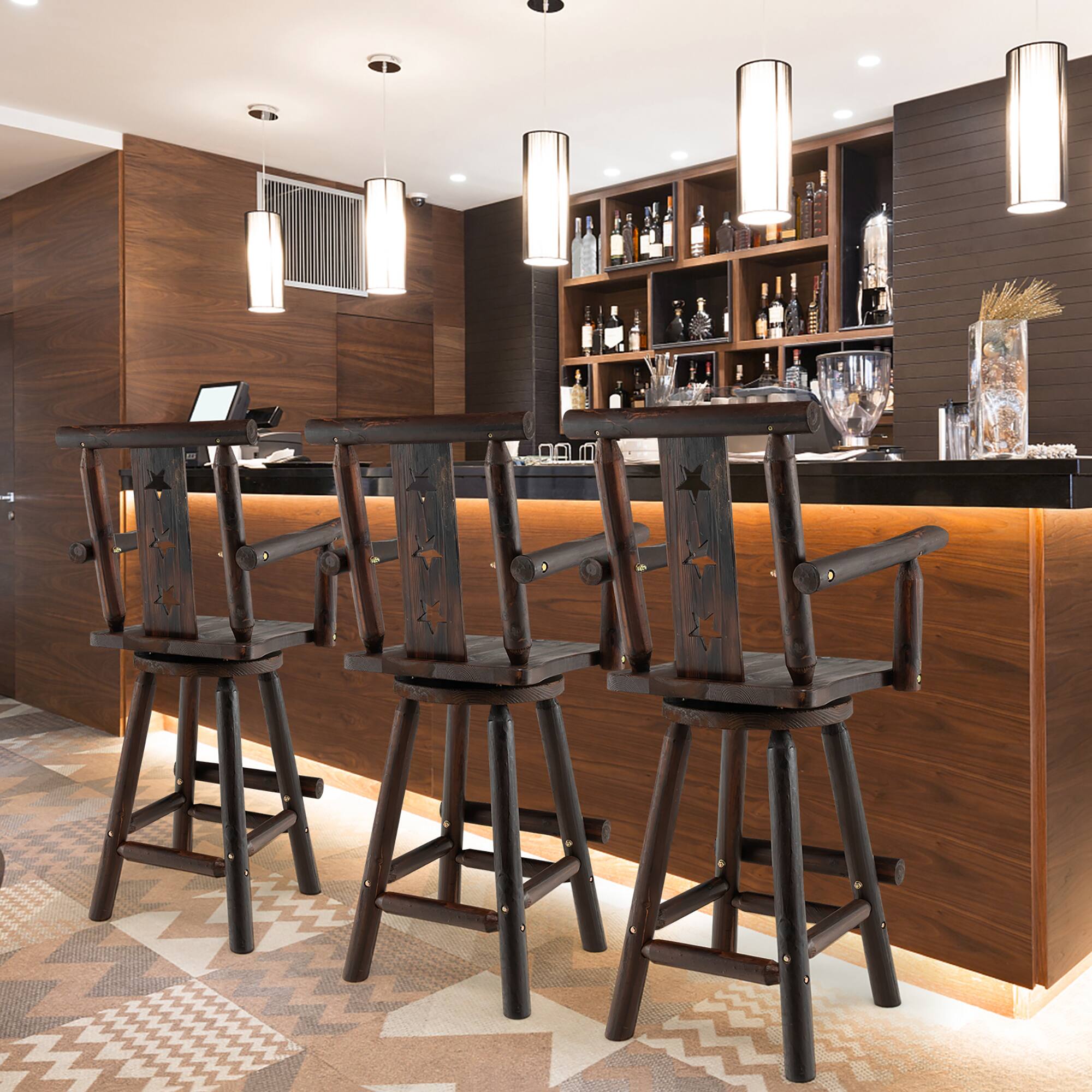 Alt View 1. Costway - Costway Set of 2 Wooden Bar Stools Swivel Bar Height Kitchen Patio Chairs with Armrest - Brown.