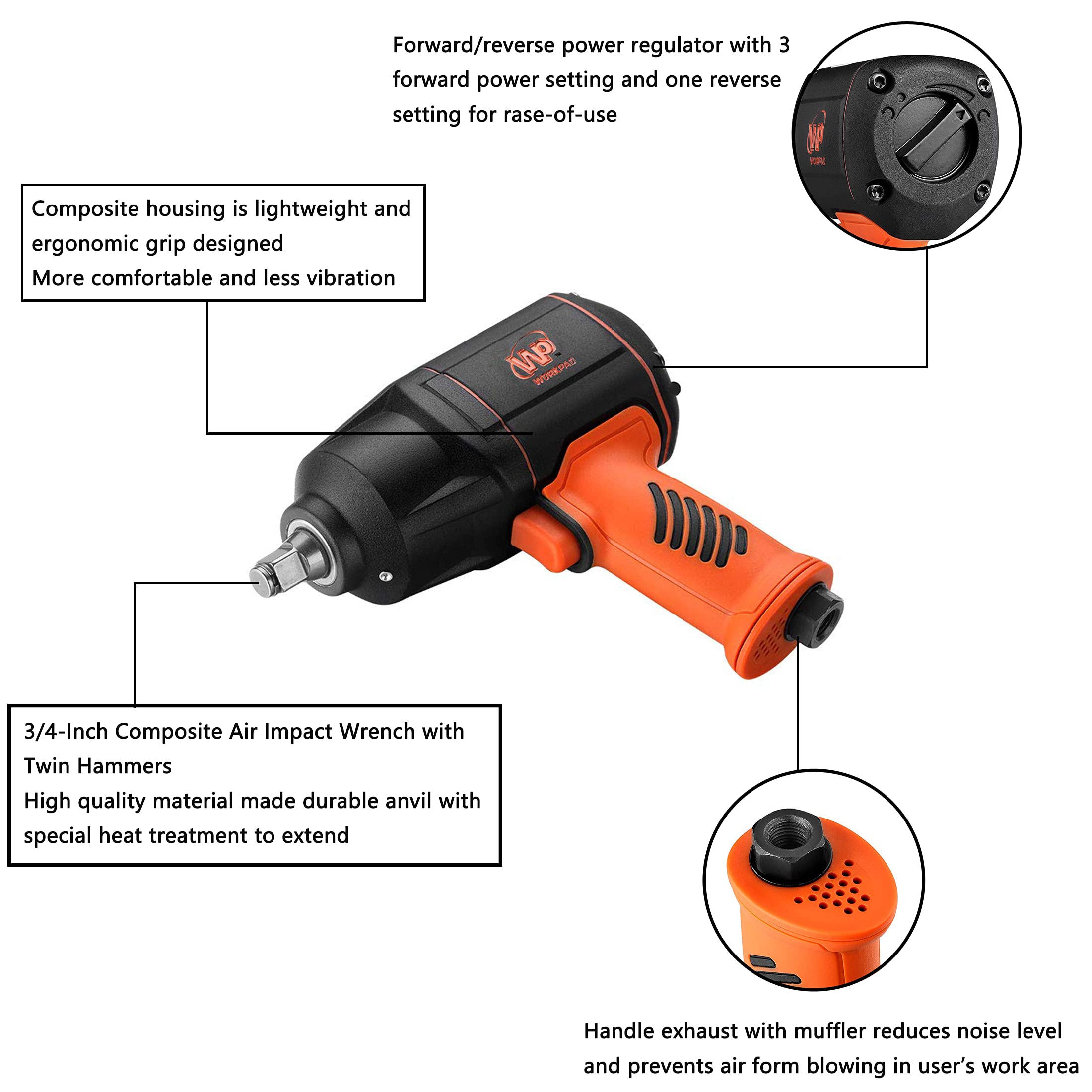 - Forward/reverse power regulator with 3 forward power settings and one reverse setting for rase-of-use
- Composite housing is lightweight and ergonomic grip designed, more comfortable and less vibration
- 3/4-Inch Composite Air Impact Wrench with Twin Hammers
- High quality material made durable anvil with special heat treatment to extend
- Handle exhaust with muffler reduces noise level and prevents air from blowing in user's work area