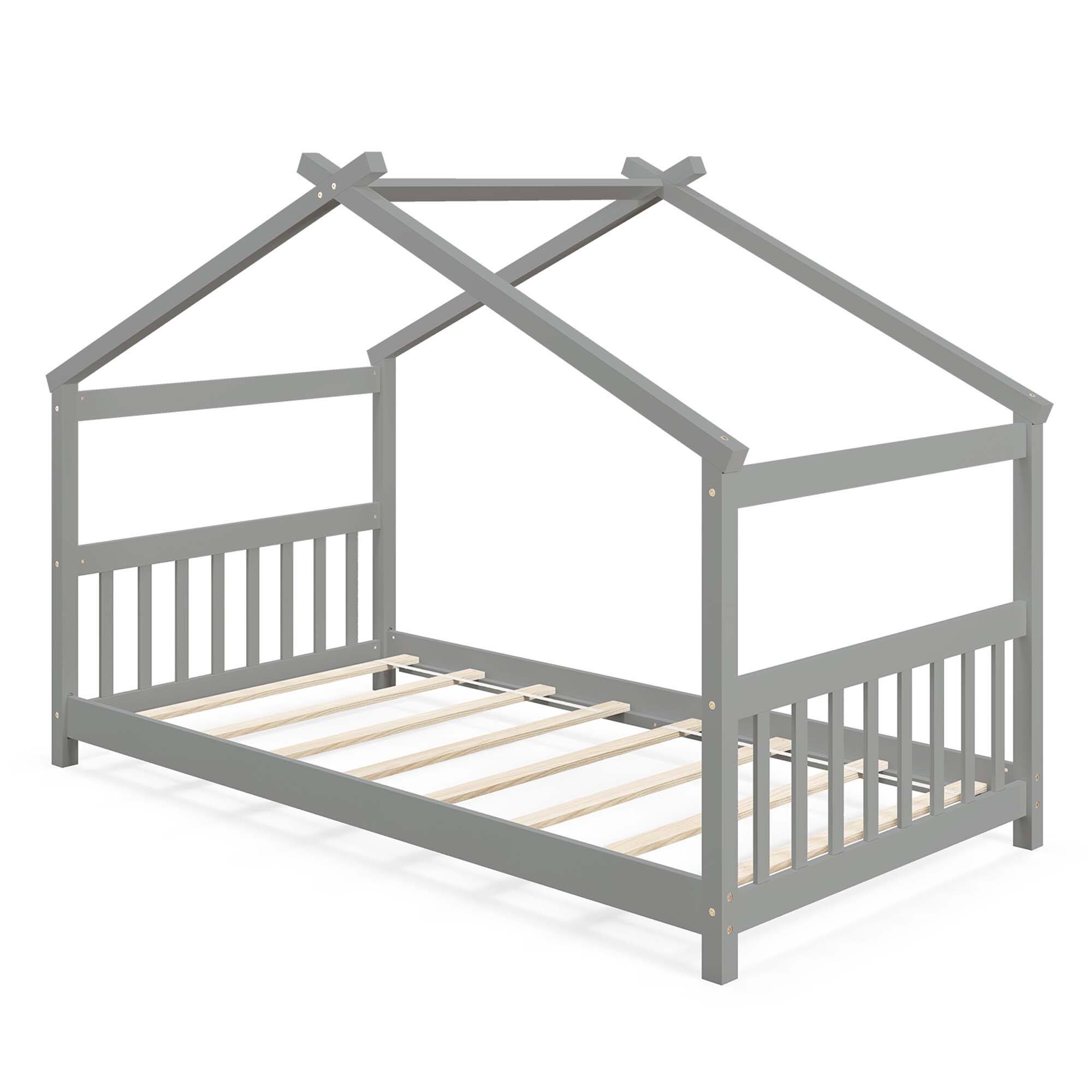 Alt View 7. Costway - Costway Twin Size House Bed with Roof Wooden Low Floor Bed No Box Spring Needed - Gray.