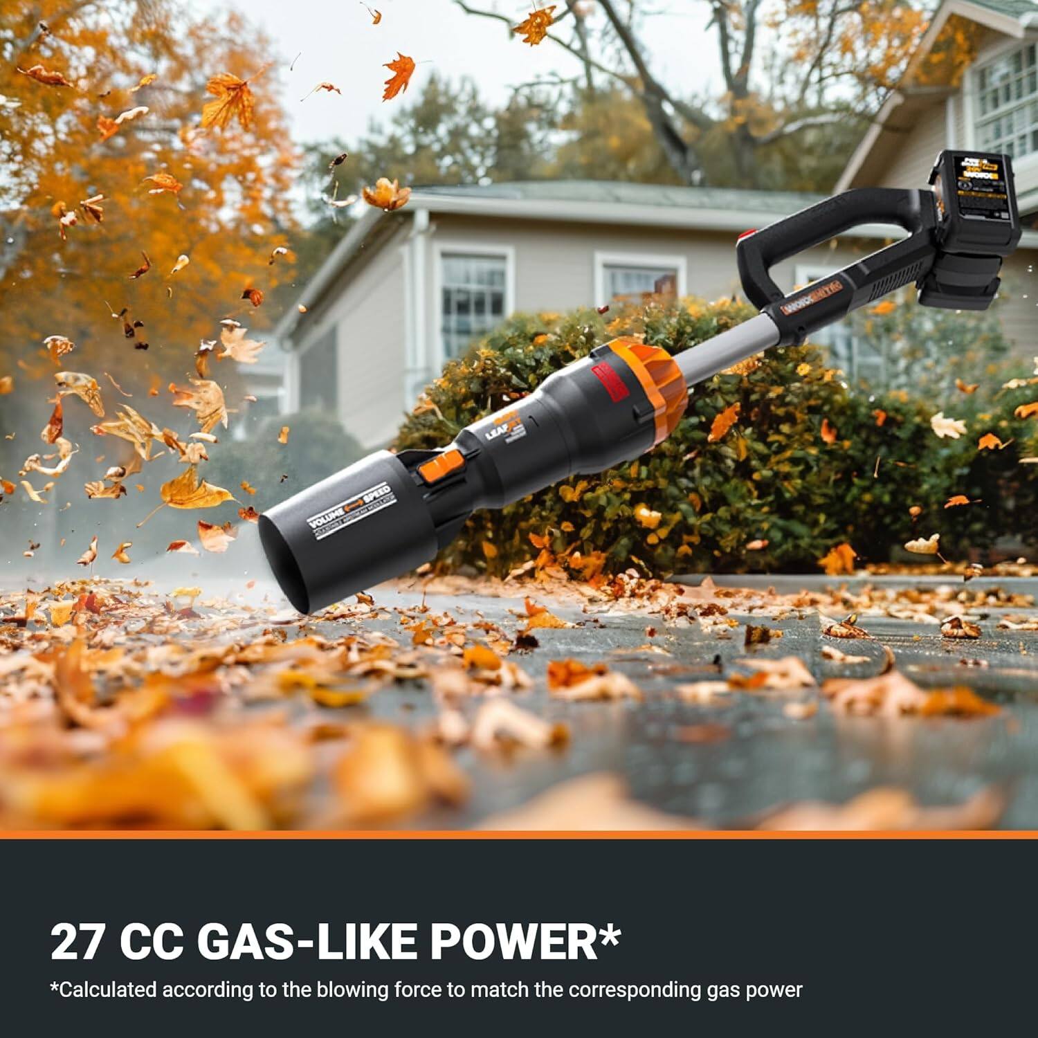 The text on the image reads: "Leaf Blower Volume 27 CC Gas-Like Power* *Calculated according to the blowing force to match the corresponding gas power."