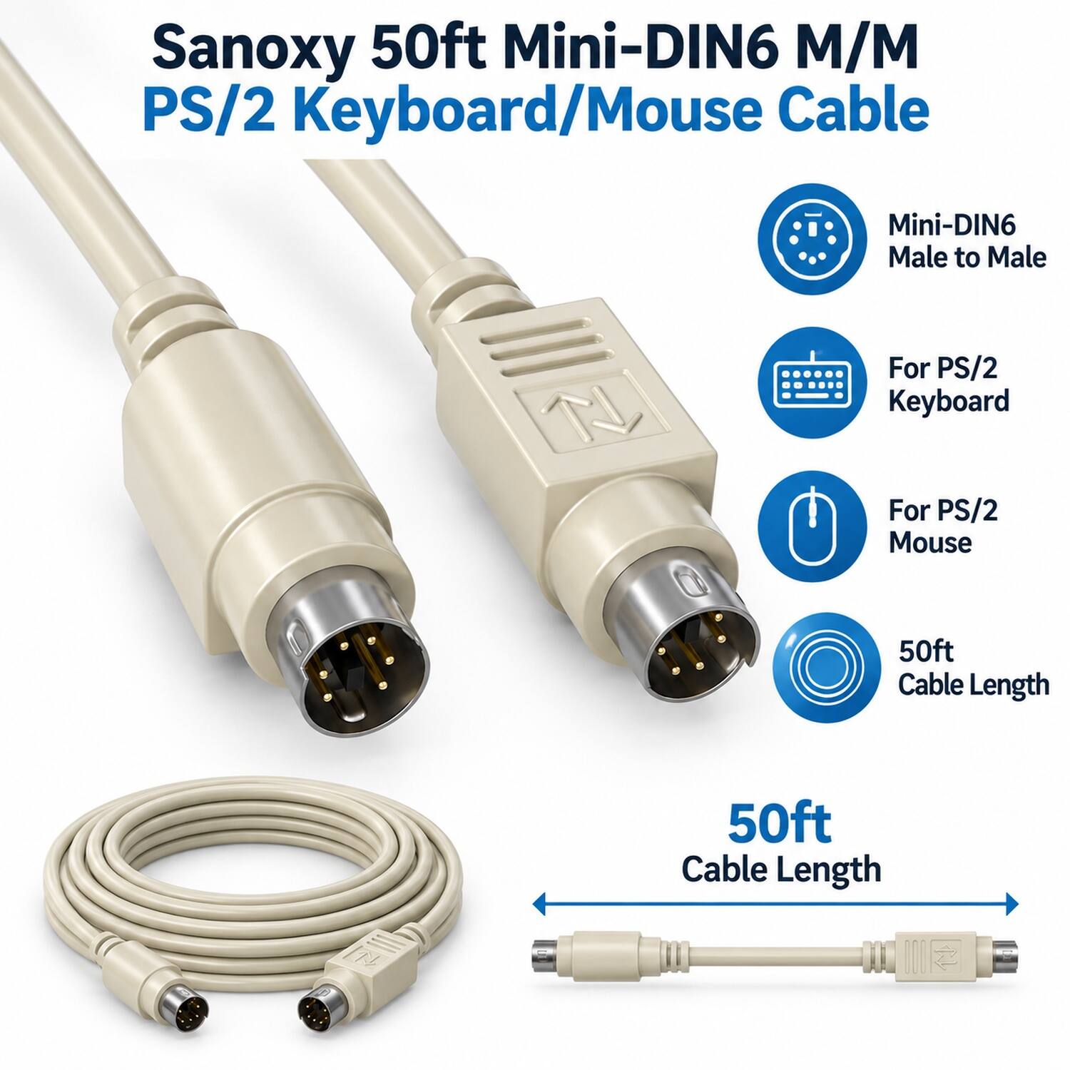 Sanoxy 50ft Mini DIN6 M/M PS/2 Keyboard/Mouse Cable Beige - Best Buy