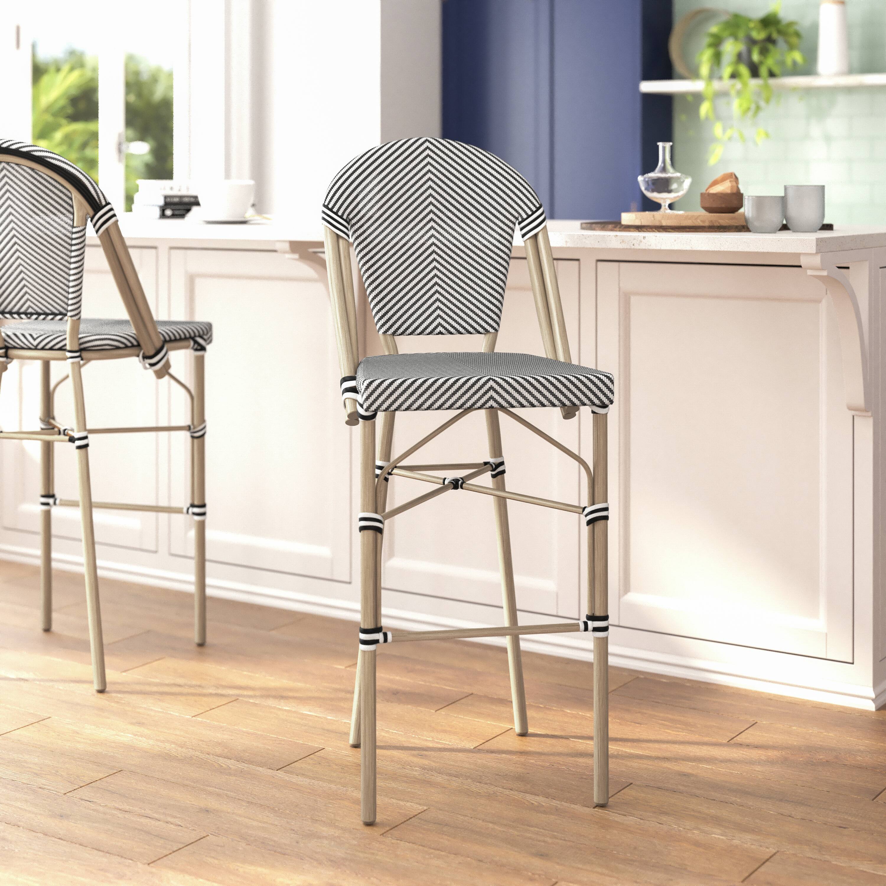 Alt View 4. Emma + Oliver - Massalia Indoor/Outdoor Bistro Style Bar Stools with Textilene Seat and Metal Frame - Black & White/Light Natural Frame.
