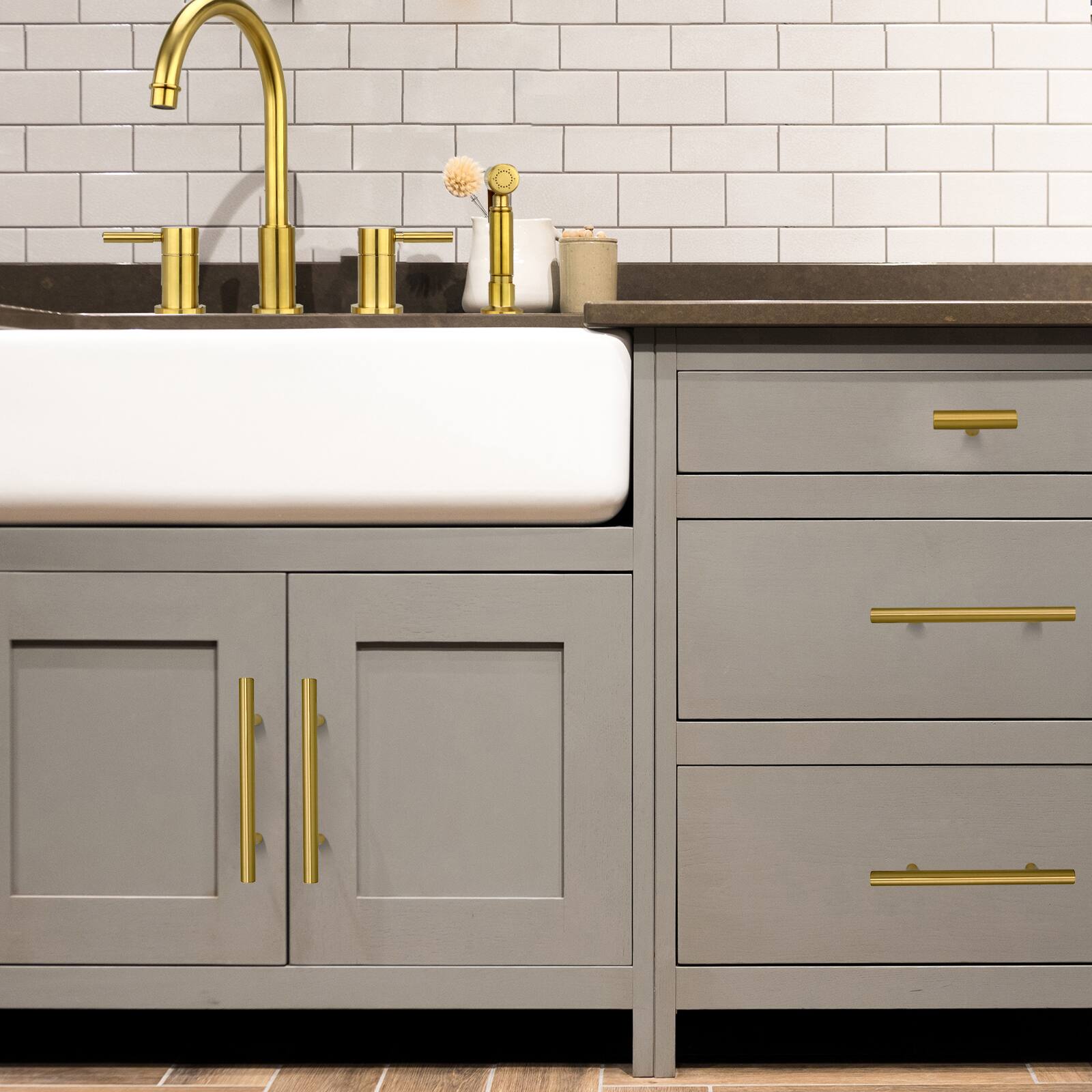 Alt View 4. Akicon - Akicon Solid Brass 3-3/4 Inch Hole Center Kitchen Cabinet Handles Drawer Pull 5-Pack in Brushed Gold - Brushed Gold.