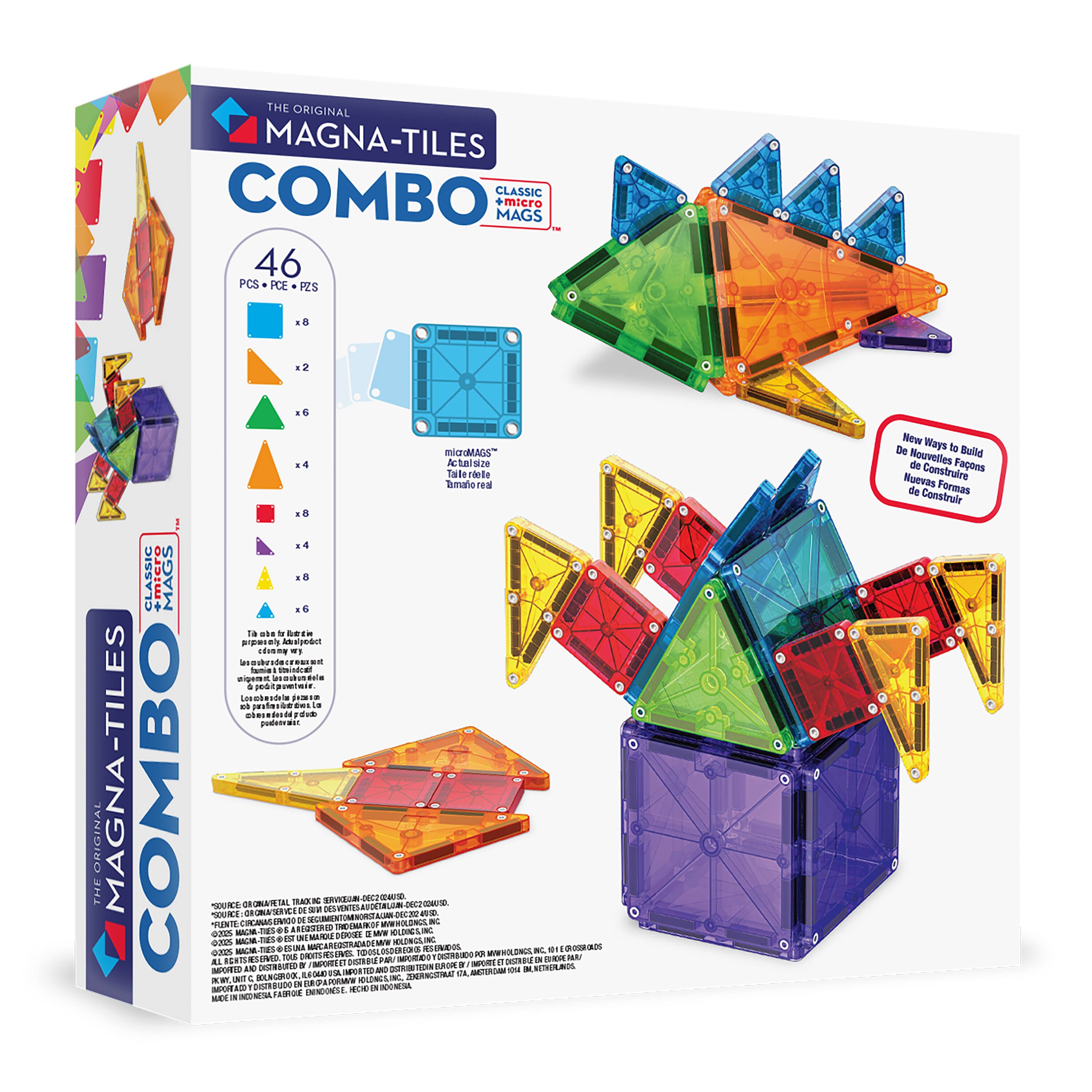 Sure, here is the corrected and grouped text from the image:

---

**THE ORIGINAL MAGNA-TILES**

**COMBO CLASSIC + micro MAGS**

**46 PCS • PCE • PZS**

- **CLASSIC MAGS**
  - Square x 8
  - Triangle x 2
  - Equilateral Triangle x 6
  - Isosceles Triangle x 4
  - Square x 6
  - Equilateral Triangle x 6

- **microMAGS™**
  - Mini Square x 6
  - Mini Equilateral Triangle x 6

**New Ways to Build**
- **De Nouvelles Façons de Construire**
- **Nuevas Formas de Construir**

**THE ORIGINAL MAGNA-TILES**

**COMBO**

**CLASSIC + micro MAGS**

**46 PCS • PCE • PZS**

- **CLASSIC MAGS**
  - Square x 8
  - Triangle x 2
  - Equilateral Triangle x 6
  - Isosceles Triangle x 4
  - Square x 6
  - Equilateral Triangle x 6

- **microMAGS™**
  -