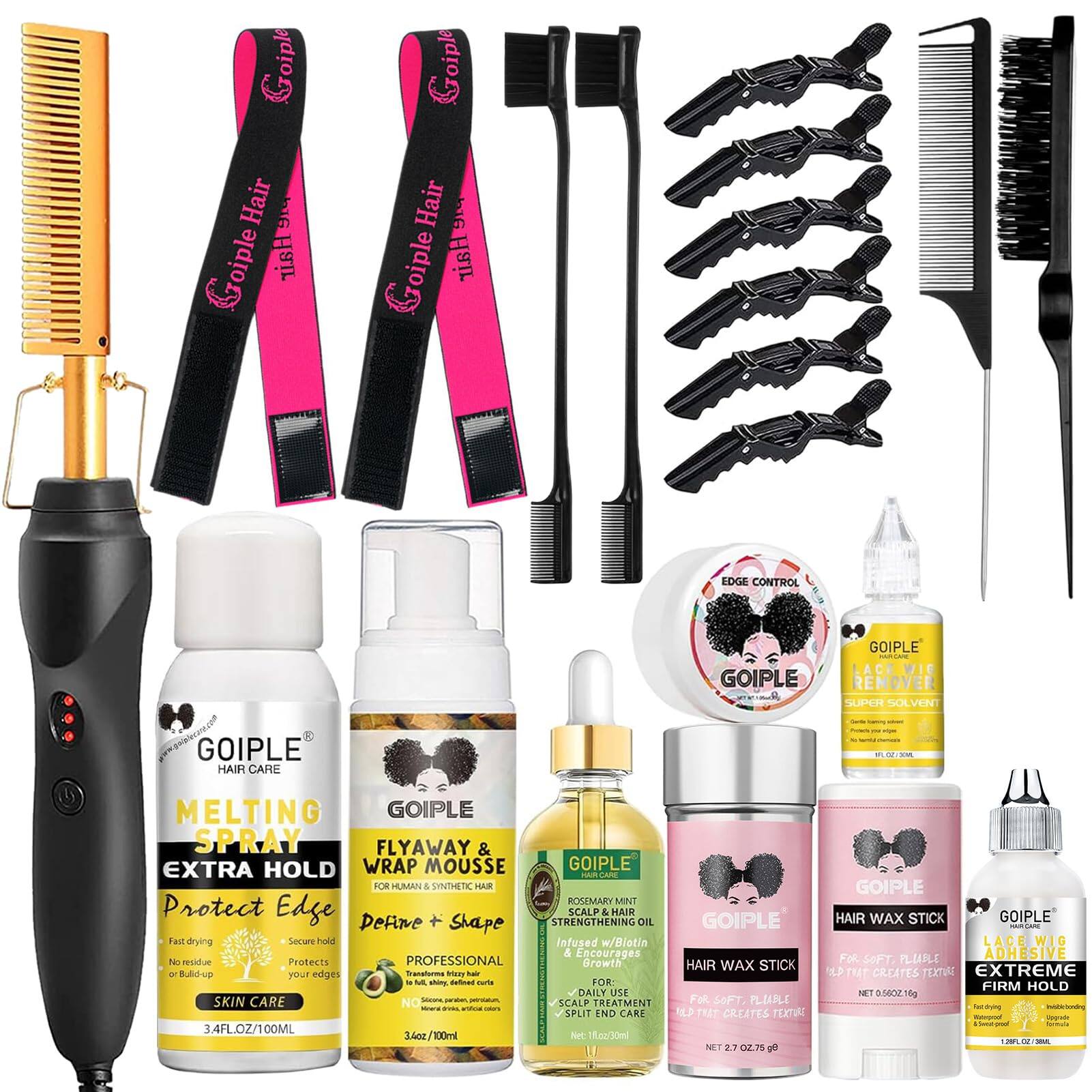Sure, here is the corrected and grouped text from the image:
---
**Goiple Hair**
- **Goiple Hair** (on the combs)
- **Goiple Hair** (on the combs)
---
**Hair Care Products**
- **Goiple Hair Care**
- **MELTING SPRAY**
- EXTRA HOLD
- Protect Edge
- Fast drying
- Secure hold
- No residue
- Protects edges
- SKIN CARE
- 3.4FL.OZ/100ML
- **Goiple Hair Care**
- **FLYAWAY & WRAP MOUSSE**
- FOR HUMAN & SYNTHETIC HAIR
- Define + Shape
- PROFESSIONAL
- Infused w/Diotin & Encourages Growth
- Protects
- 3.4oz/100ml
- **Goiple Hair Care**
- **ROSEMARY & MINT SCALP & HAIR STRENGTHENING OIL**
- Protects Scalp & Hair
- Define + Shape
- STRENGTHENING OIL
- Fast drying