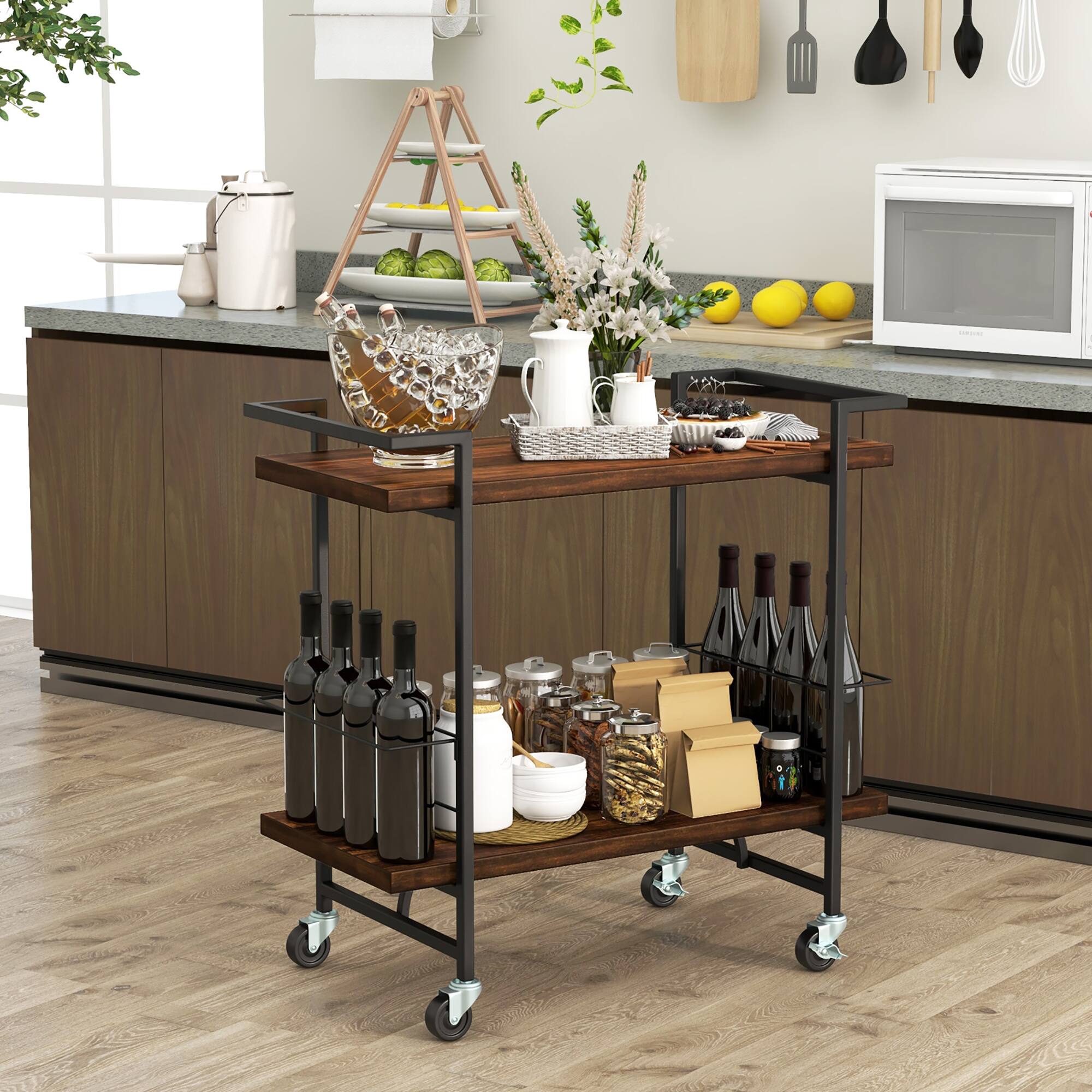 Alt View 3. Gymax - Gymax Home Bar Cart 2-tier Home Bar Cart w/ Lockable Wheels & Anti-fall Guardrail - Rustic Brown.