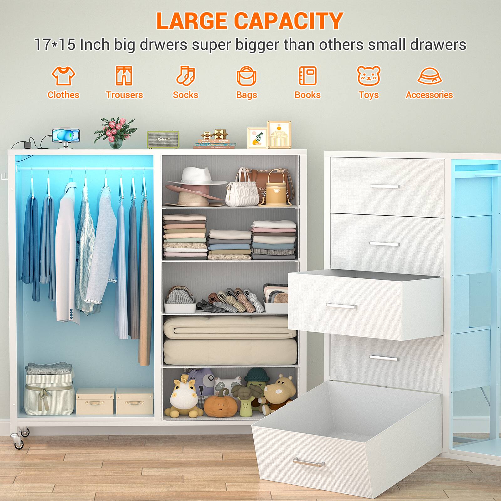 LARGE CAPACITY  
17*15 Inch big drawers super bigger than others small drawers  
Clothes  
Trousers  
Socks  
Bags  
Books  
Toys  
Accessories