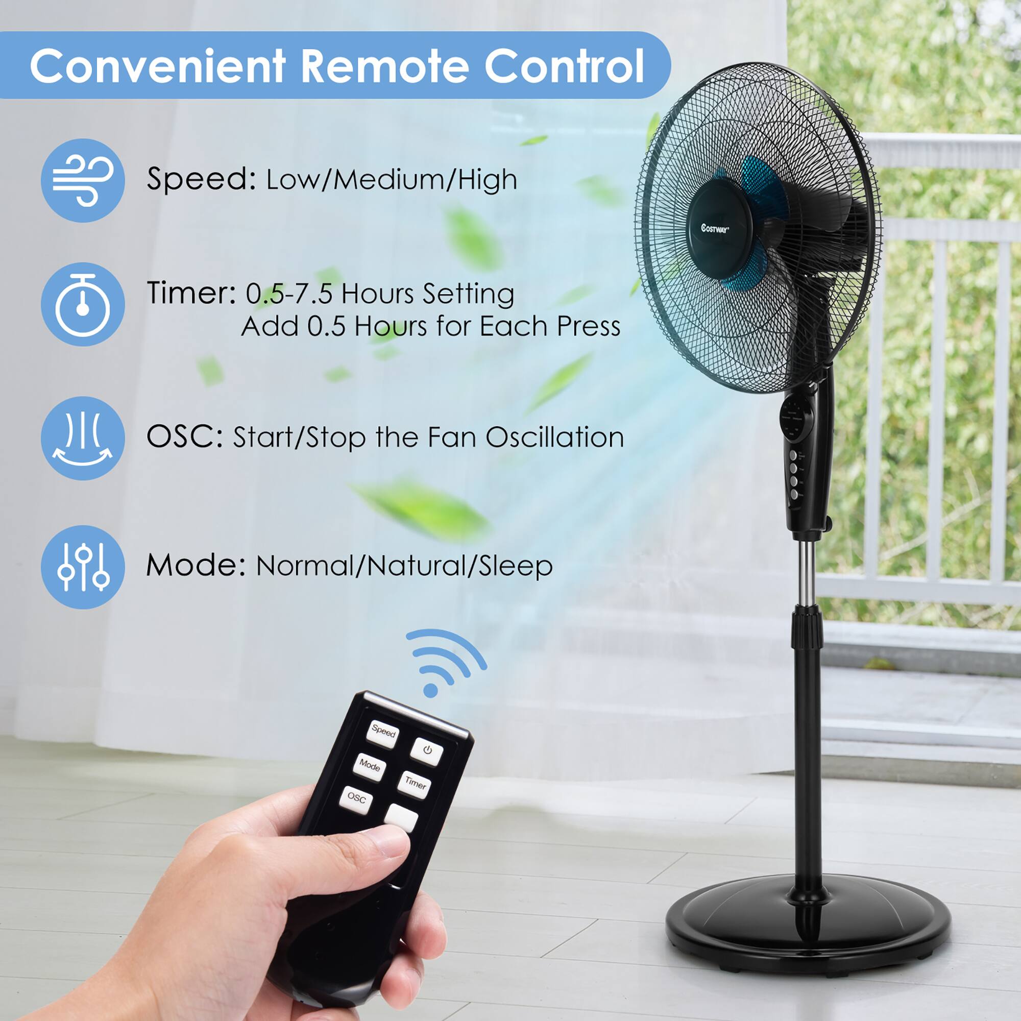Convenient Remote Control
Speed: Low/Medium/High
Timer: 0.5-7.5 Hours Setting Add 0.5 Hours for Each Press
OSC: Start/Stop the Fan Oscillation
Mode: Normal/Natural/Sleep