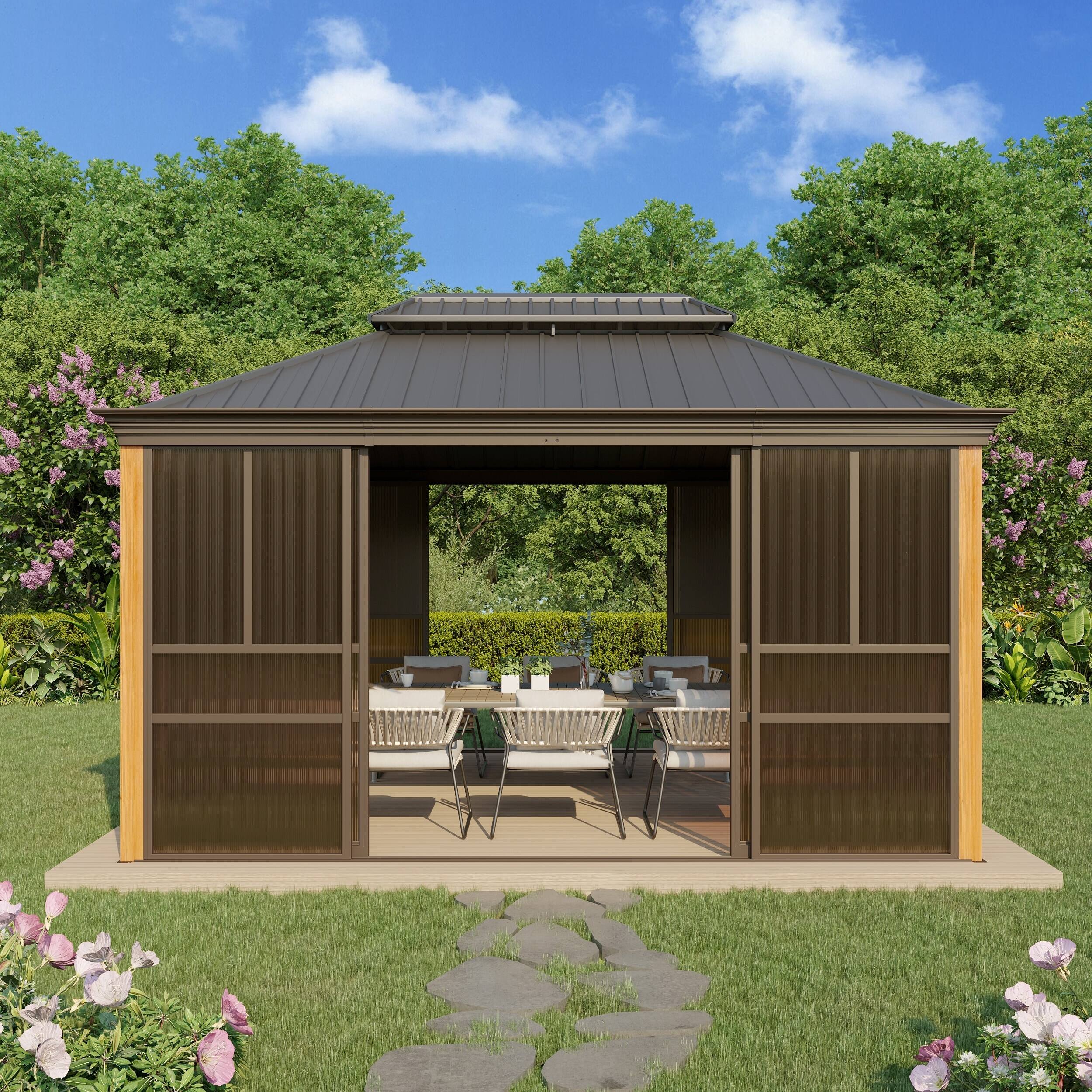Left. U-HOMY - Hardtop Sunroom Gazebo with Double Steel Roof, Sliding Doors & Screens, All-Season Aluminum Pergola - 12' x 14'.