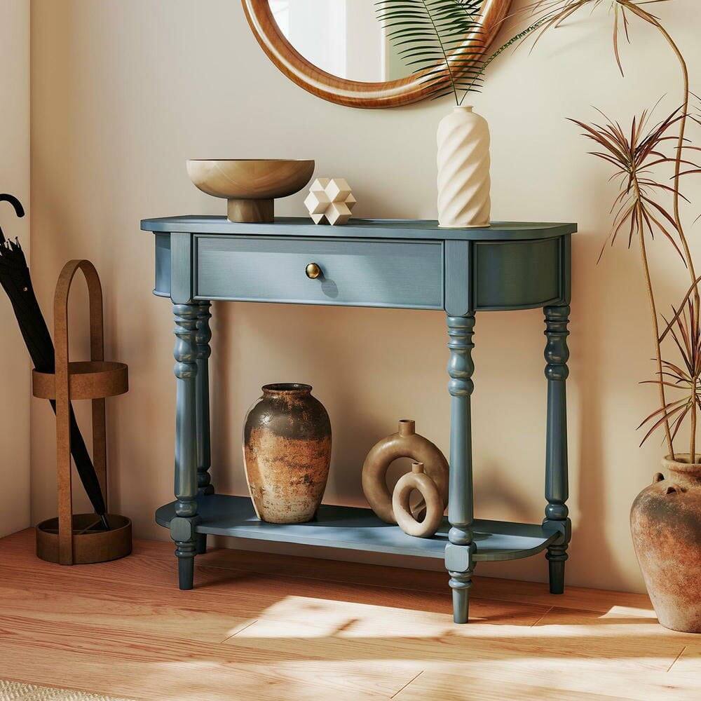 Alt View 1. Resenkos - 36"L Retro Wooden 2-Tier Narrow Console Table for Behind Couch/Foyer, Blue - Blue.
