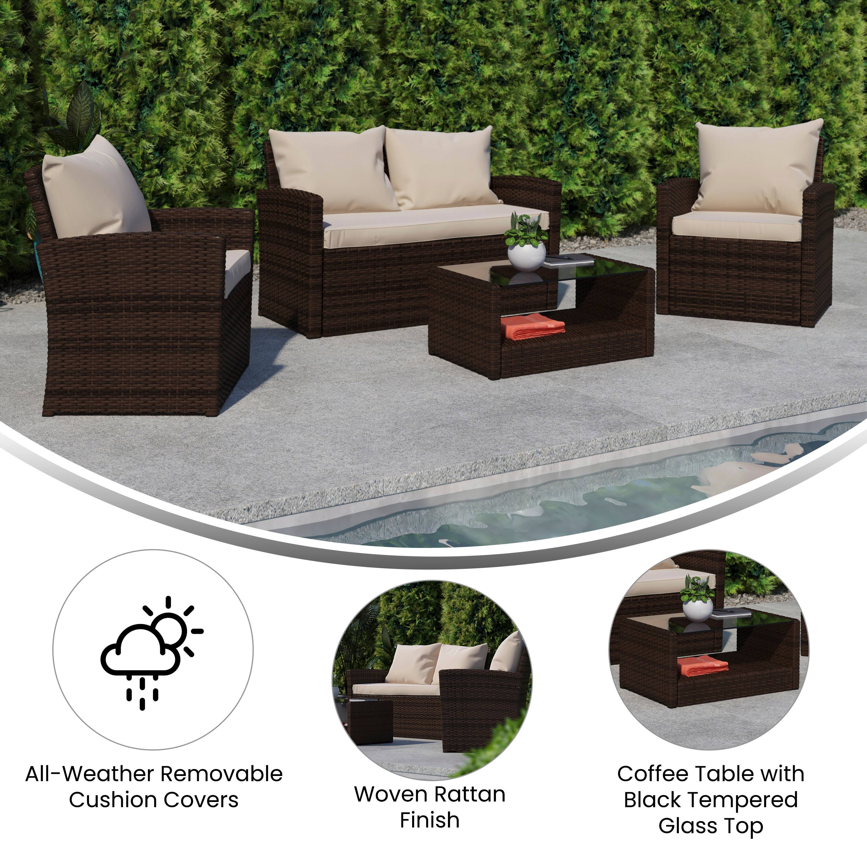 All-Weather Removable Cushion Covers  
Woven Rattan Finish  
Coffee Table with Black Tempered Glass Top