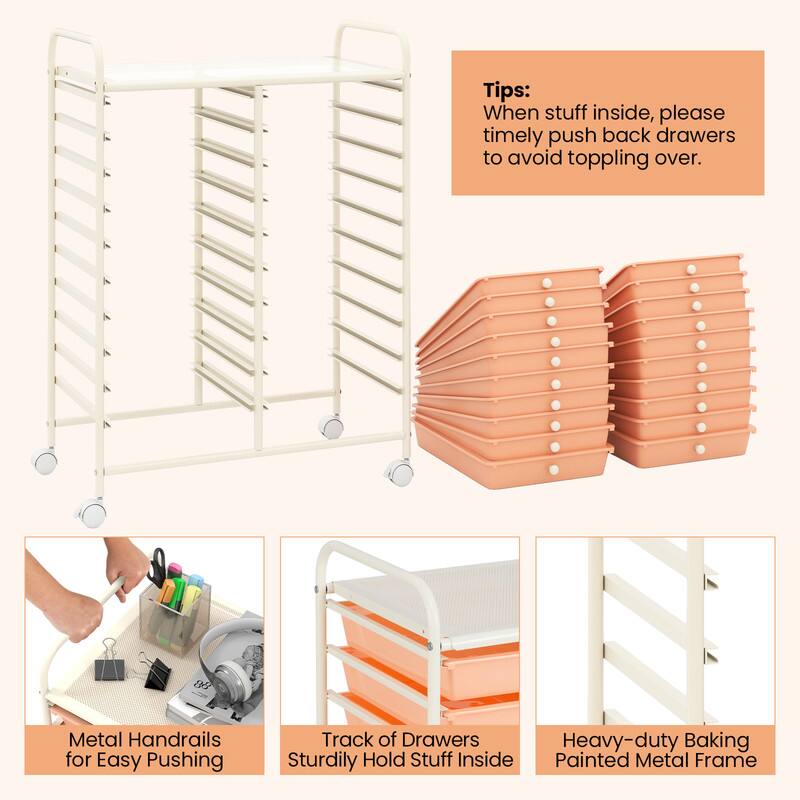 Tips: When stuff inside, please timely push back drawers to avoid toppling over.  
Metal Handrails for Easy Pushing  
Track of Drawers Sturdily Hold Stuff Inside  
Heavy-duty Baking Painted Metal Frame