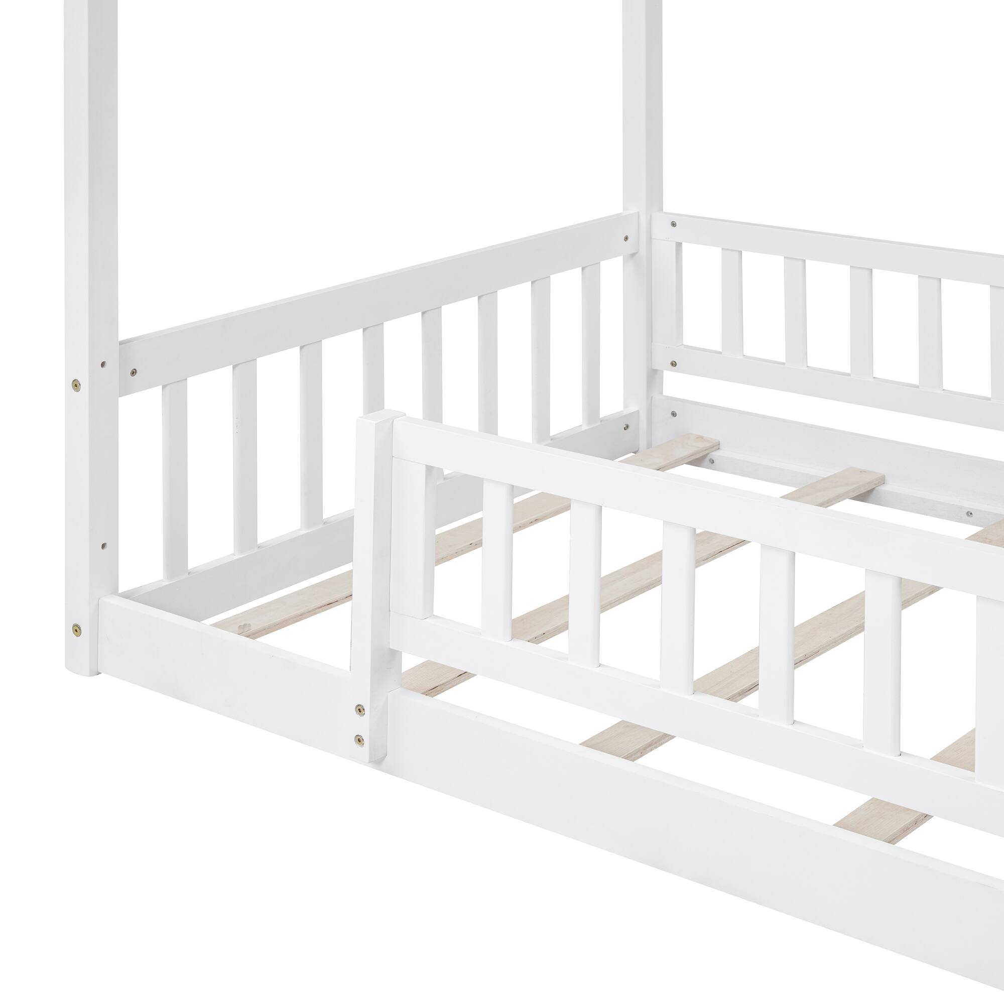 Alt View 5. Whisen - Twin Size Wood House Bed Frame with Fence for Kids and Teens - White.