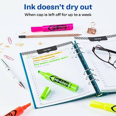 Ink doesn't dry out  
When cap is left off for up to a week  

Hi-Liter  

TO-DO  
TO-DO  

Studying  
homework  
surveys  
gitni  
Hain  
school  
boas-doc  
Creter  
Emmete  
Bay  
room  

Clean  
7  
1  
14  
is  
M  
17  
sa  
1  
20  

Hi-Liter  
Hi 20 K