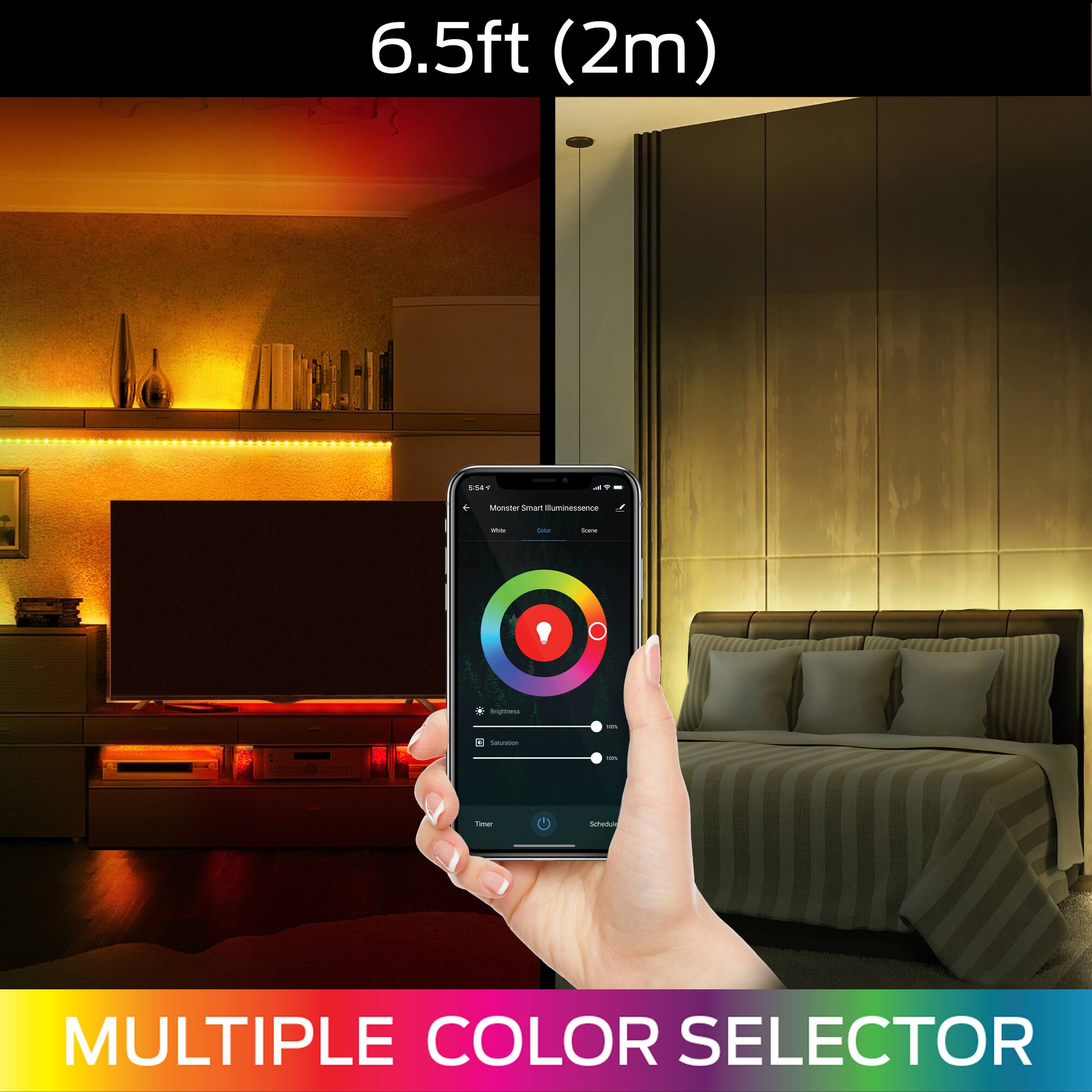 6.5ft (2m)  
Monster Smart  
- Monister an Muminessence  
- I - igera  
- 1  
- STARA  
- MULTIPLE COLOR SELECTOR