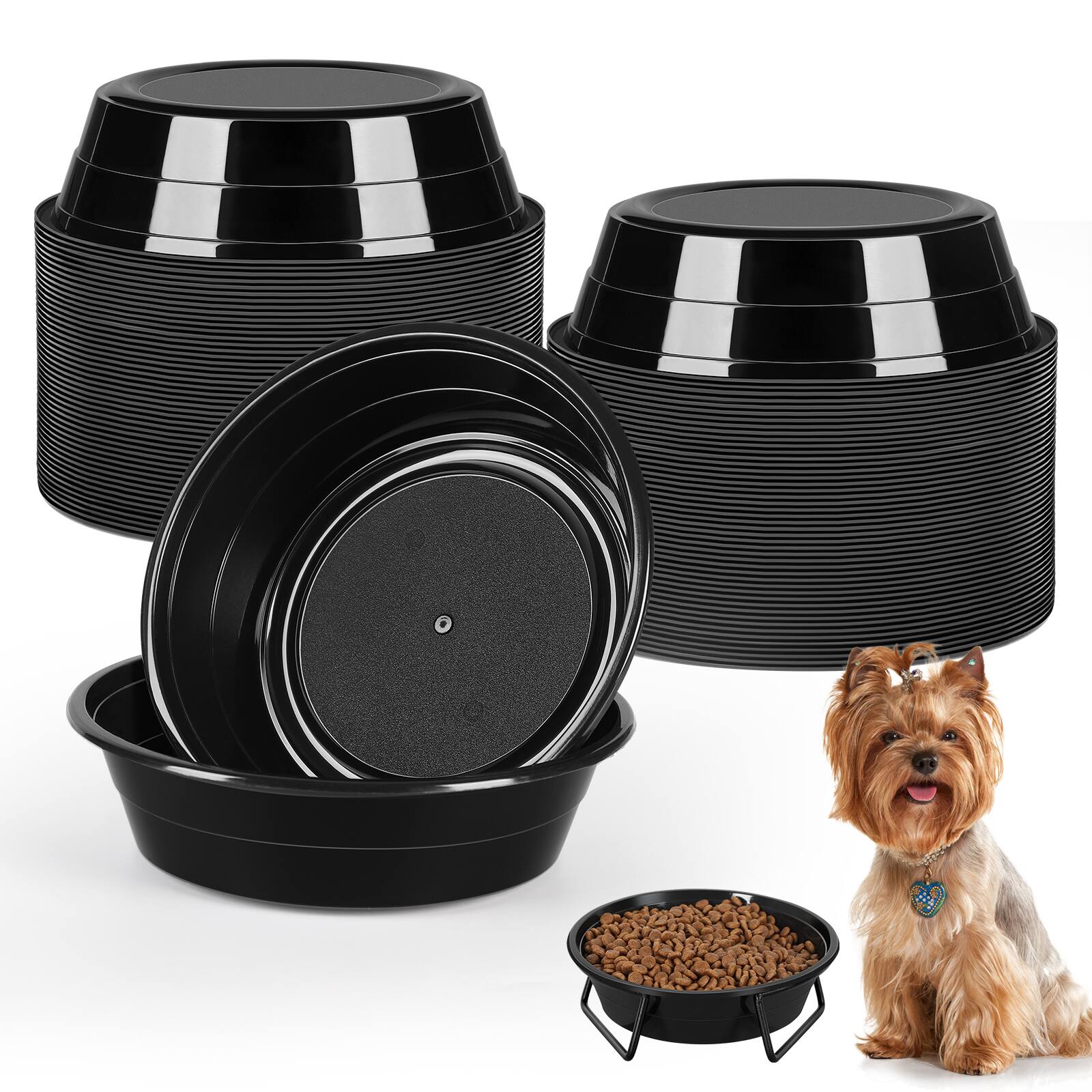Angle. Oumilen - Disposable Pet Bowls 50 Pack – 6.1" Black Plastic Dog Cat Feed Bowls, Leak-Resistant for Dry Wet Food Water  - Black.