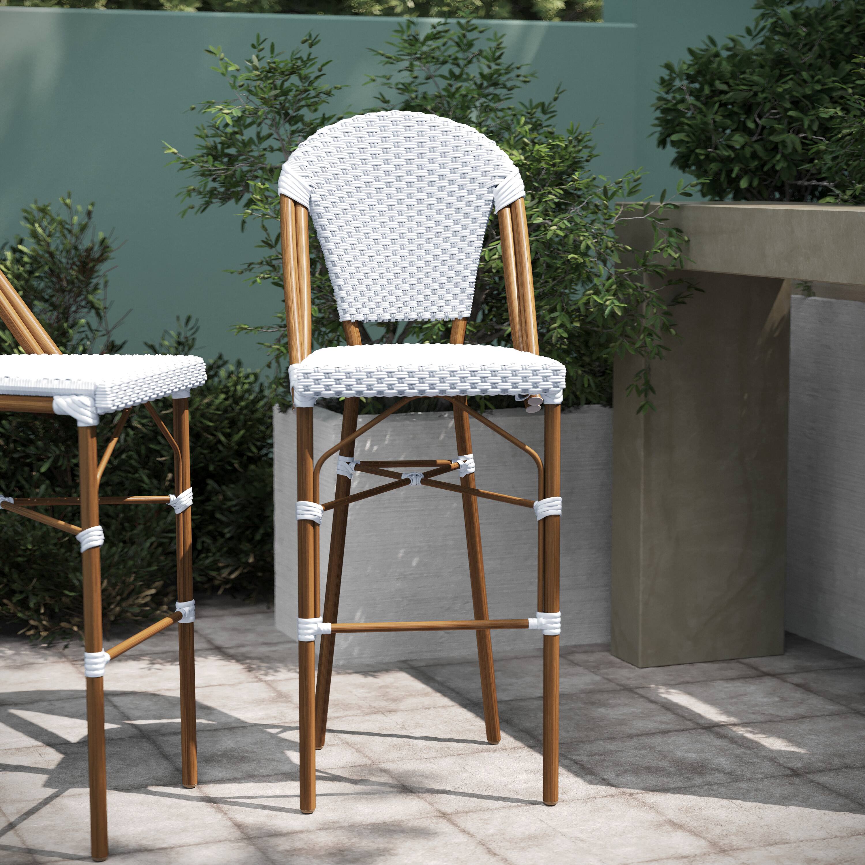 Alt View 5. Emma + Oliver - Colmar Set of Two Indoor/Outdoor 30" High Stacking Bistro Counter Stools with Patterned Seat and Back and Metal Frames - White & Gray/Natural Frame.