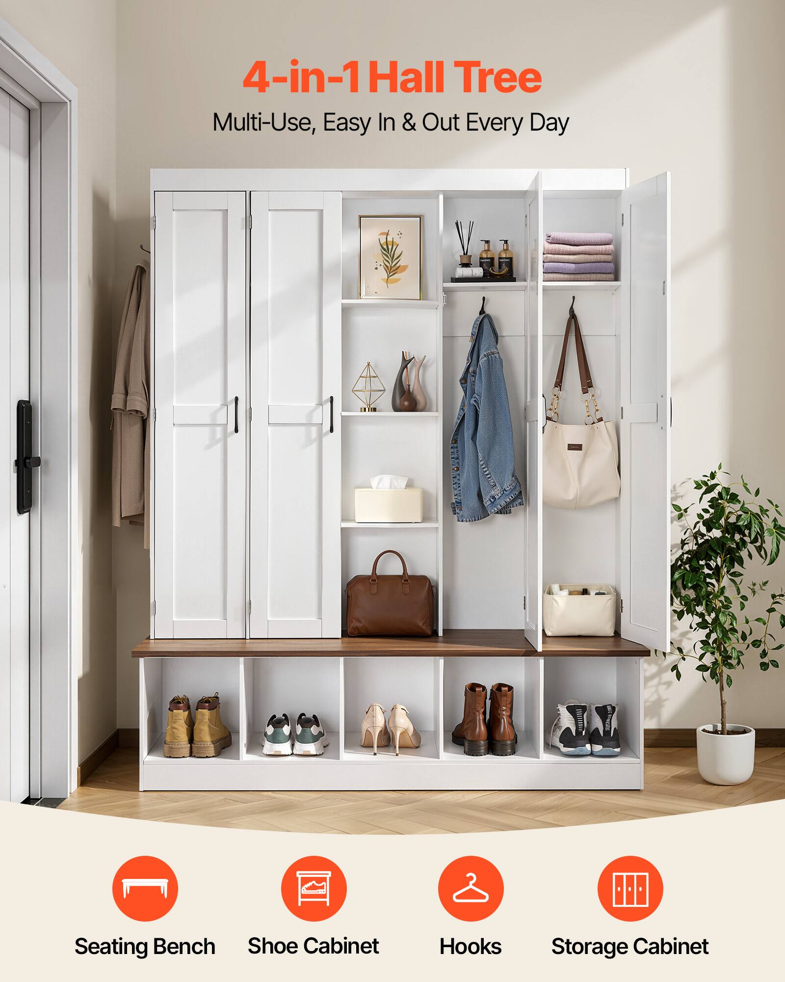 4-in-1 Hall Tree  
Multi-Use, Easy In & Out Every Day  

Seating Bench  
Shoe Cabinet  
Hooks  
Storage Cabinet