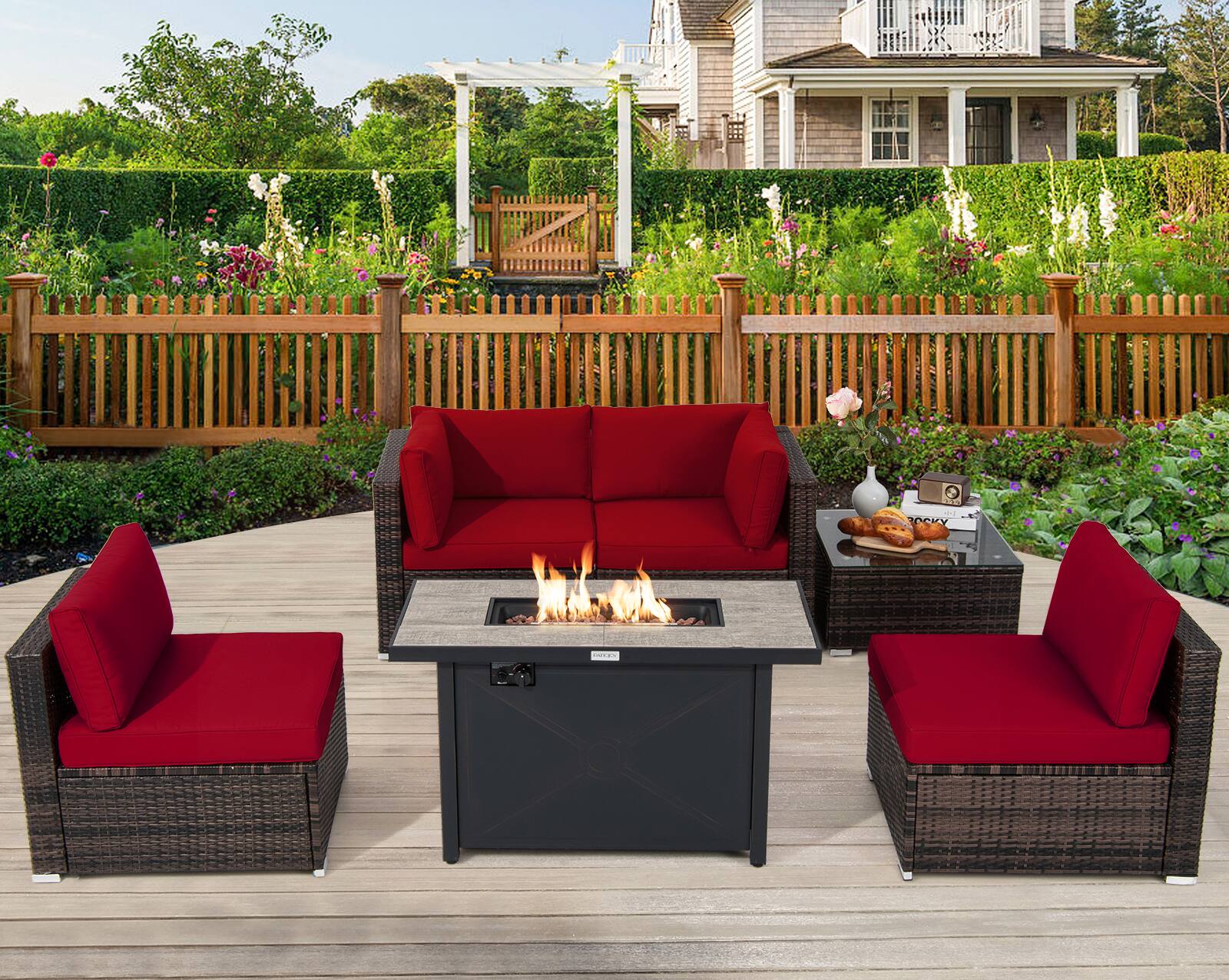 Alt View 3. Costway - Costway 6PCS Patio Furniture Set Rattan Cushioned Sofa Gas Fire Pit Table - Red.