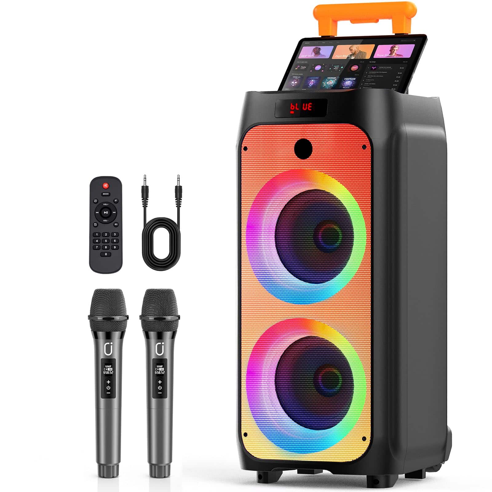 GlowWise - 500W Karaoke Machine with 2 Wireless Mics, PA Speaker with Disco Light & Wheels, for Home/Outdoor Parties - Blank