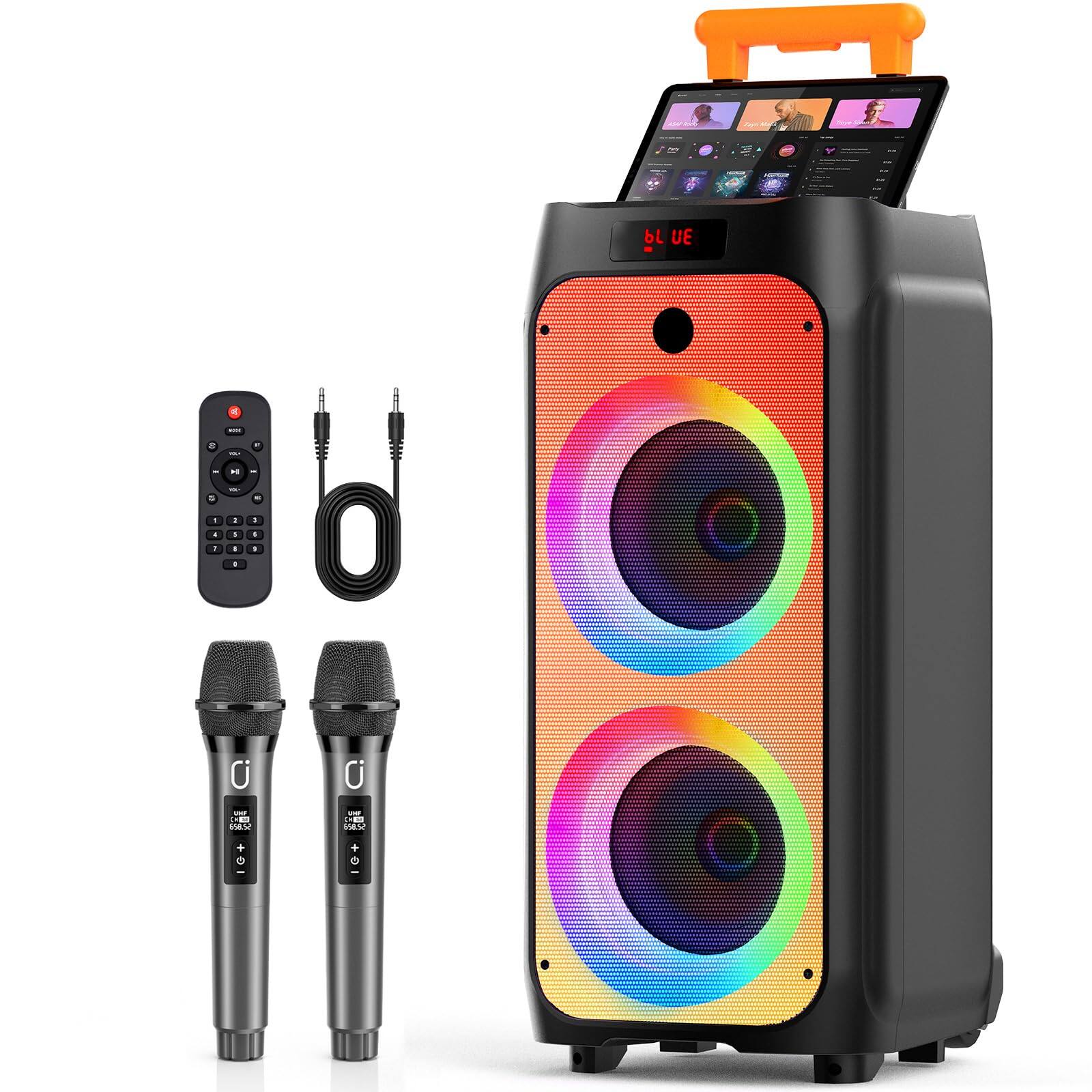 Front. GlowWise - 500W Karaoke Machine with 2 Wireless Mics, PA Speaker with Disco Light & Wheels, for Home/Outdoor Parties - Blank.