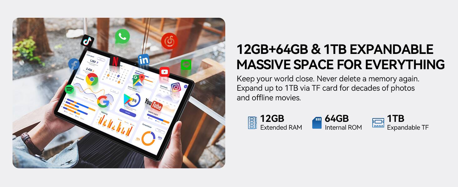 C - - - 1.293 T N in f - 2,456 2 d - - d sarun . . - - - d - - . G - . . . - + - + + - -u - 5% You Tube Mgning n - dahahud Comoctauer o% d 70% LHE 12GB+64GB & 1TB EXPANDABLE MASSIVE SPACE FOR EVERYTHING Keep your world close. Never delete a memory again. Expand up to 1TB via TF card for decades of photos and offline movies. 12GB 64GB 1TB Extended RAM Internal ROM Expandable TF