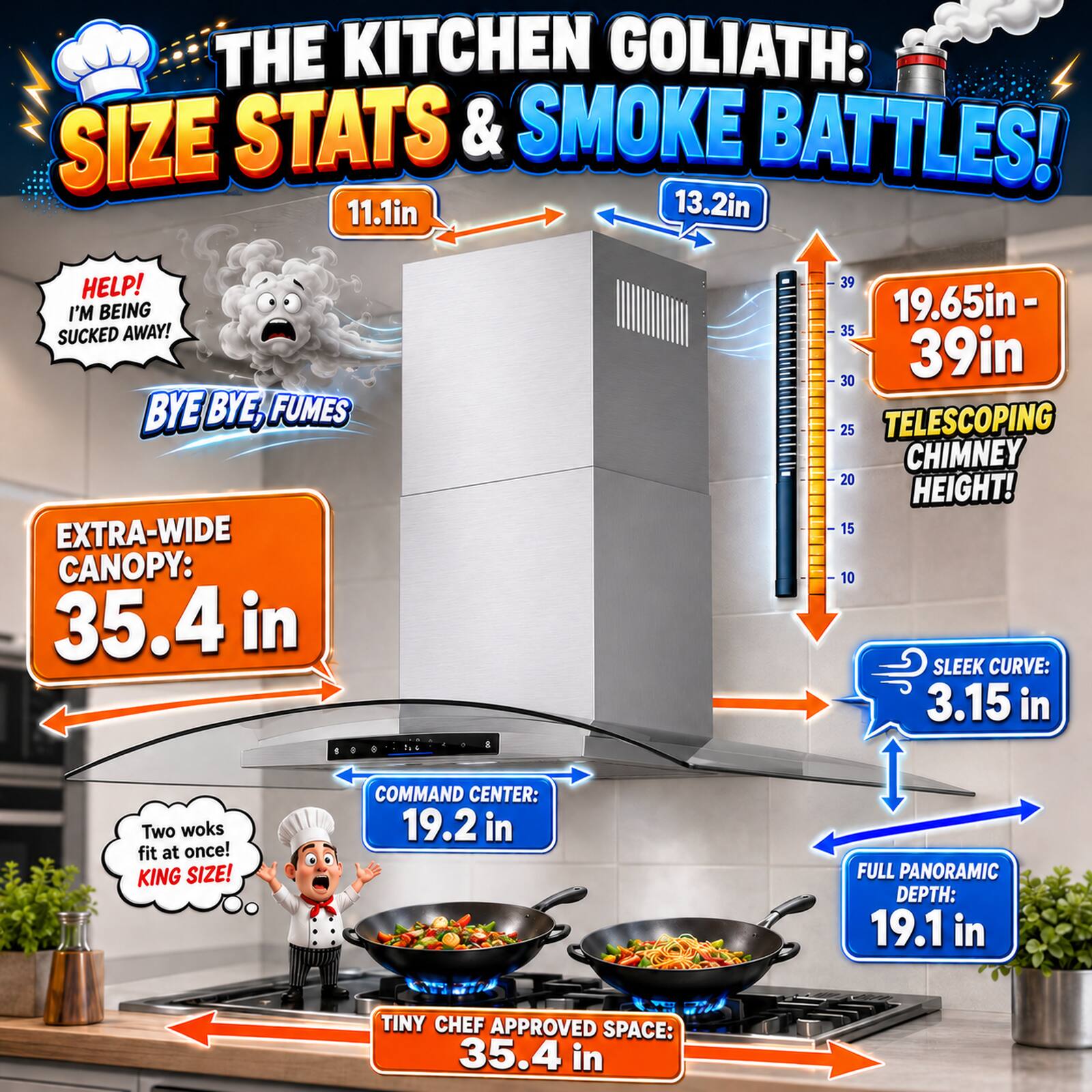 THE KITCHEN GOLIATH: SIZE STATS & SMOKE BATTLES!  
11.1in 13.2in  
HELP! I'M BEING SUCKED AWAY!  
BYE BYE, FUMES  
EXTRA-WIDE CANOPY: 35.4 in  
TELESCOPING CHIMNEY HEIGHT: 19.65in - 39in  
SLEEK CURVE: 3.15 in  
COMMAND CENTER: 19.2 in  
FULL PANORAMIC DEPTH: 19.1 in  
TINY CHEF APPROVED SPACE: 35.4 in
