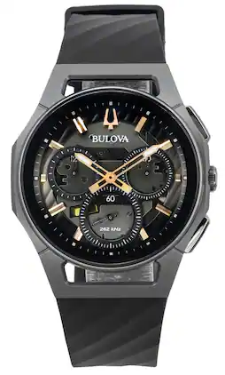 Bulova - Curv Chronograph Quartz 11 Jewels 98A162 Mens Watch Titanium Case Rubber Strap Grey Dial 30M - Black