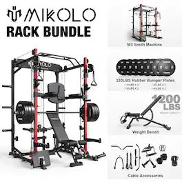 Mikolo - Smith Machine, 2000 lbs PowerCage, Smith Cage with 800LB Capacity Weight Bench and 230 lbs Weight Plate - Black