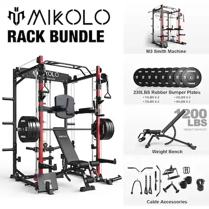 MIKOLLO RACK BUNDLE
M3 Smith Machine
230LBS Rubber Bumper Plates
- 10LBS x 2
- 25LBS x 2
- 35LBS x 2
- 45LBS x 2
Weight Bench
1200 LBS WEIGHT CAPACITY
Cable Accessories