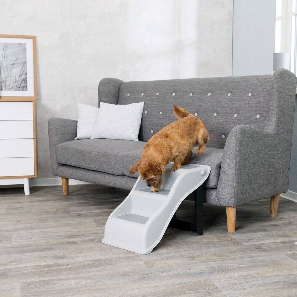 Left. TRIXIE - 3 Step Pet Stairs, Lightweight & Collapsible, Easy to Store, Non-Slip Treads - Light Gray.