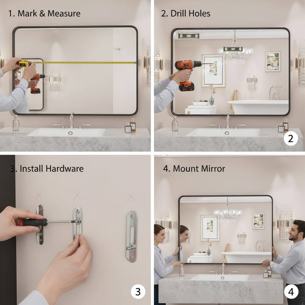 1. Mark & Measure  
2. Drill Holes  
3. Install Hardware  
4. Mount Mirror