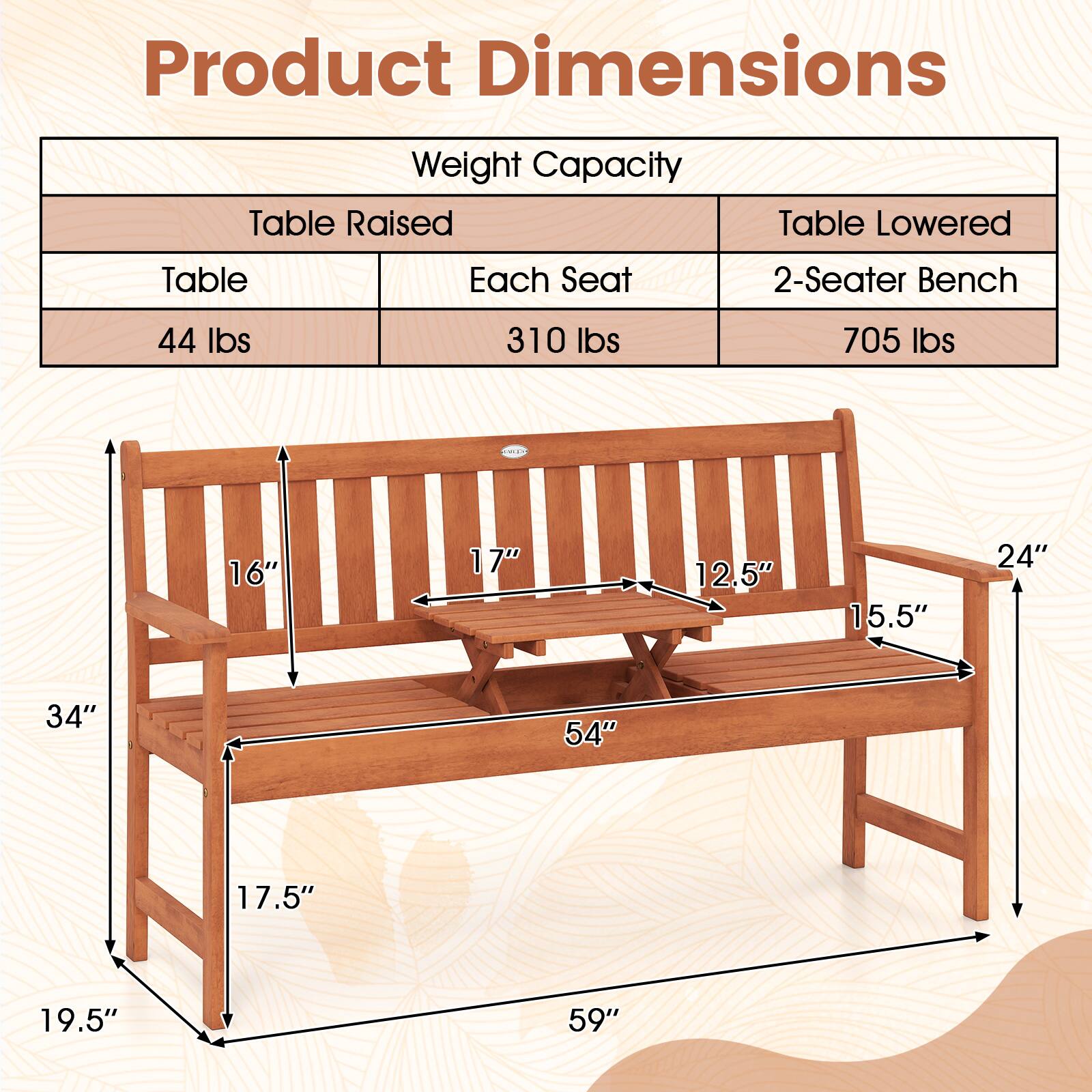 Product Dimensions Weight Capacity  
Table Raised Table Lowered  
Table Each Seat 2-Seater Bench  
44 lbs 310 lbs 705 lbs  
16" 17" 12.5" 15.5" 24" 34" 54" 17.5" 19.5" 59"