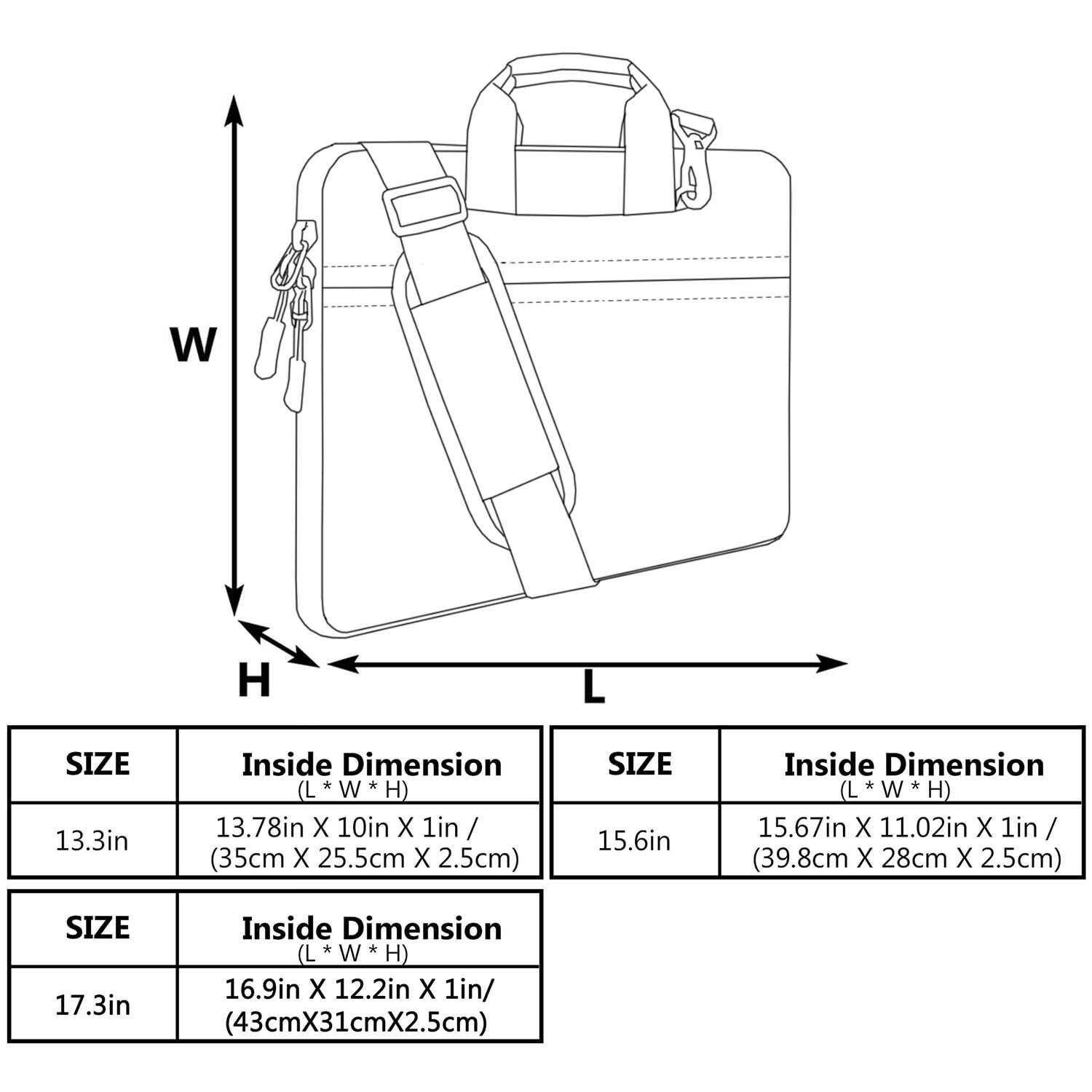 Sure, here is the corrected and grouped text:

---

**SIZE 13.3in**  
Inside Dimension (L x W x H)  
13.78in x 10in x 1in / (35cm x 25.5cm x 2.5cm)

**SIZE 15.6in**  
Inside Dimension (L x W x H)  
15.67in x 11.02in x 1in / (39.8cm x 28cm x 2.5cm)

**SIZE 17.3in**  
Inside Dimension (L x W x H)  
16.9in x 12.2in x 1in / (43cm x 31cm x 2.5cm)

---