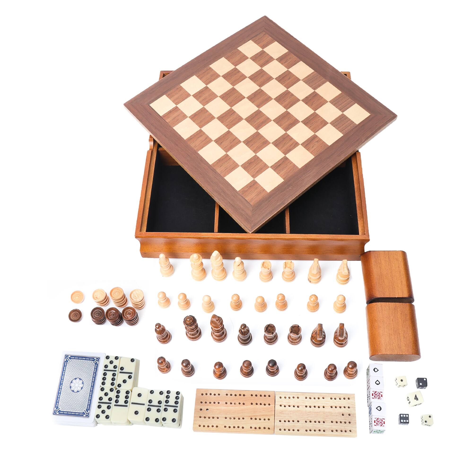 Front. GSE Games & Sports Expert - 7 in 1 Board Game Set - Chess/Checkers/Backgammon/Dominoes/Cribbage Board/Playing Card/Poker Dice.