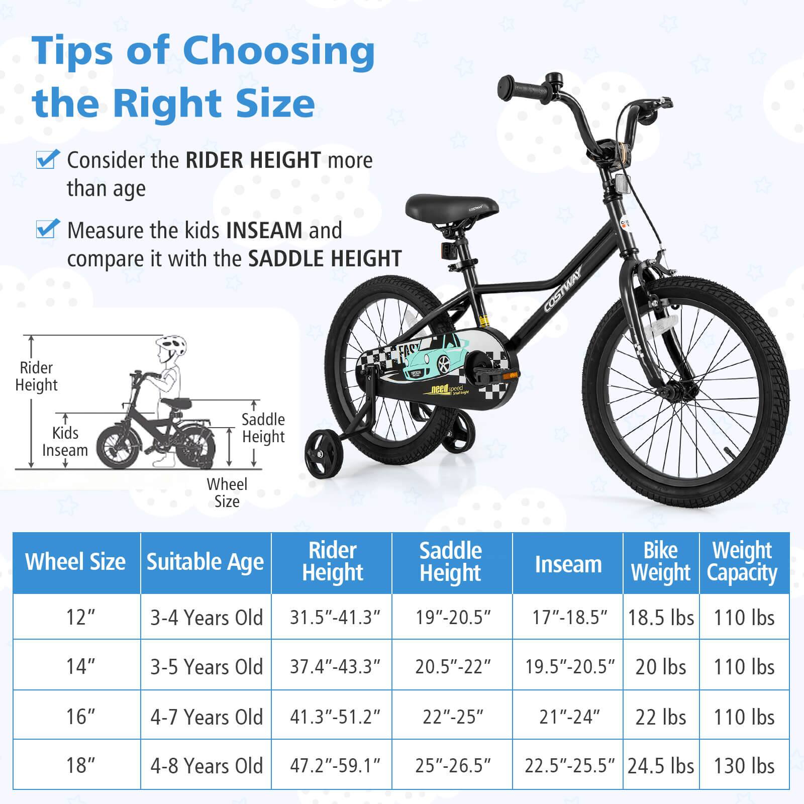Tips of Choosing the Right Size

- Consider the RIDER HEIGHT more than age
- Measure the kids INSEAM and compare it with the SADDLE HEIGHT

| Wheel Size | Suitable Age | Rider Height | Saddle Height | Inseam | Bike Weight | Weight Capacity |
|------------|-------------|-------------|--------------|--------|-------------|----------------|
| 12"        | 3-4 Years Old | 31.5"-41.3"  | 19"-20.5"     | 17"-18.5" | 18.5 lbs    | 110 lbs        |
| 14"        | 3-5 Years Old | 37.4"-43.3"  | 20.5"-22"     | 19.5"-20.5" | 20 lbs    | 110 lbs        |
| 16"        | 4-7 Years Old | 41.3"-51.2"  | 22"-25"       | 21"-24"   | 22 lbs    | 110 lbs       