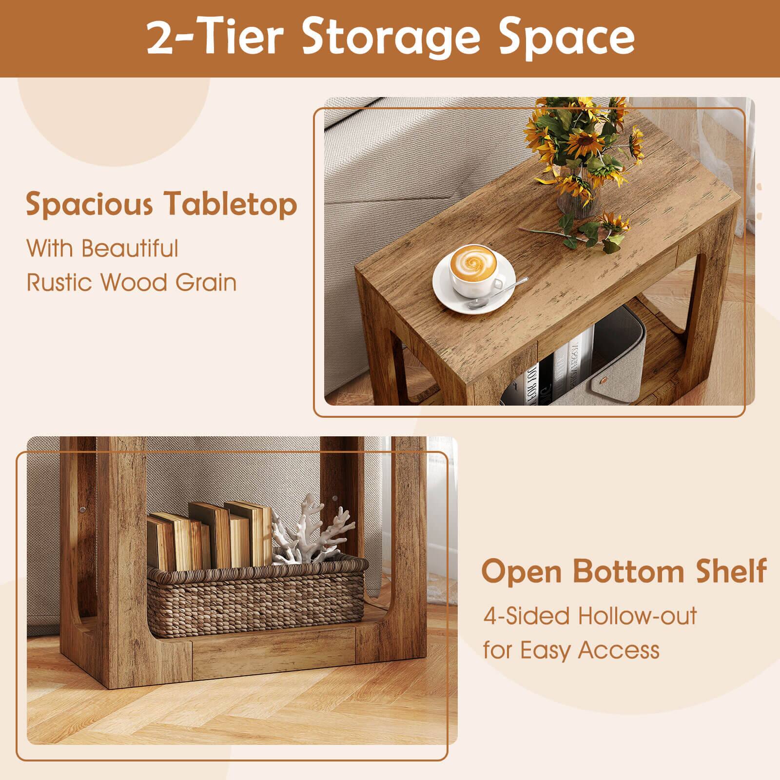 2-Tier Storage Space

Spacious Tabletop
With Beautiful Rustic Wood Grain

Open Bottom Shelf
4-Sided Hollow-out for Easy Access