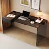 Front. luck idea - 53.14" Tempered Glass Desk with Storage Space, Writing Desk & Makeup Vanity Table - Black Glass.