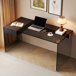 luck idea - 53.14" Tempered Glass Desk with Storage Space, Writing Desk & Makeup Vanity Table - Black Glass