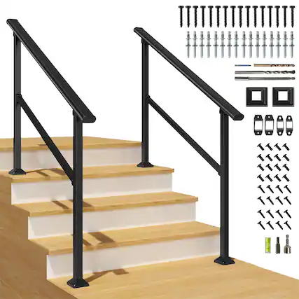 Front. LOVMOR - LOVMOR 2 Pack 4 Step Hand Rails for Outdoor Steps Wrought Iron Railing - Black.
