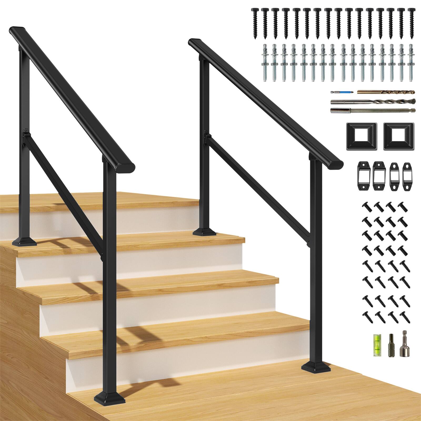 Front. LOVMOR - LOVMOR 2 Pack 4 Step Hand Rails for Outdoor Steps Wrought Iron Railing - Black.