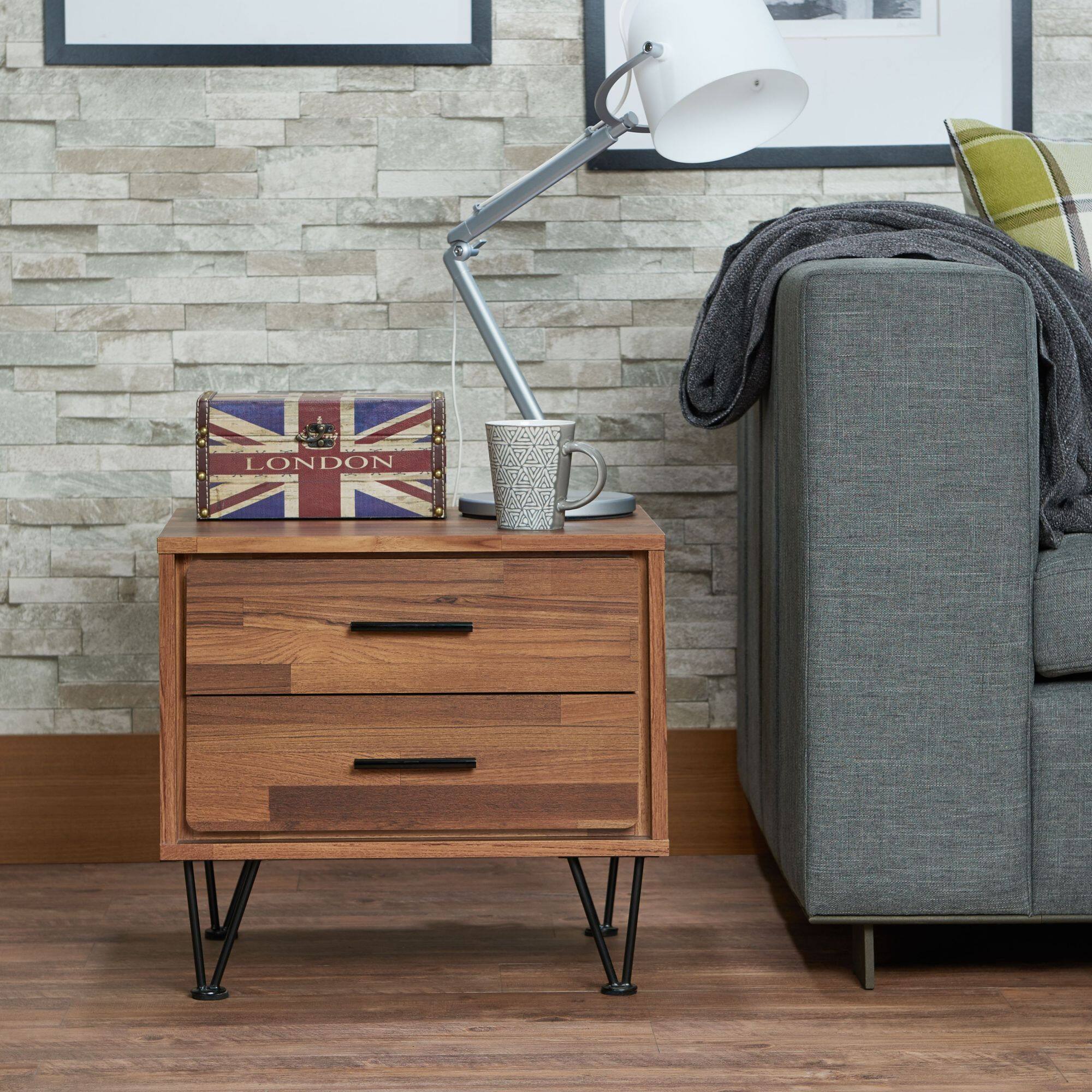 Alt View 1. GOODSILO - Walnut Finish Rectangular Accent Table with Two Drawers and Metal Legs for Bedroom or Living Room Storage - Walnut.