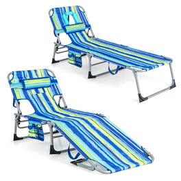 Costway - 2 PCS Outdoor Beach Lounge Chair Folding Chaise Lounge with Pillow - Blue,Green
